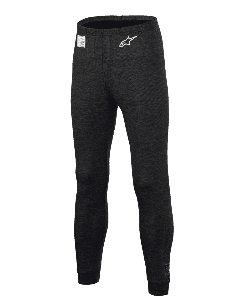 Alpinestars Race V3 Bottom, pantalones de capa base para automovilismo, negros, con tejido texturizado resistente al fuego, logotipo de estrella blanca en el muslo, etiqueta de certificación FIA en la cintura, prenda interior técnica larga para automovilismo profesional