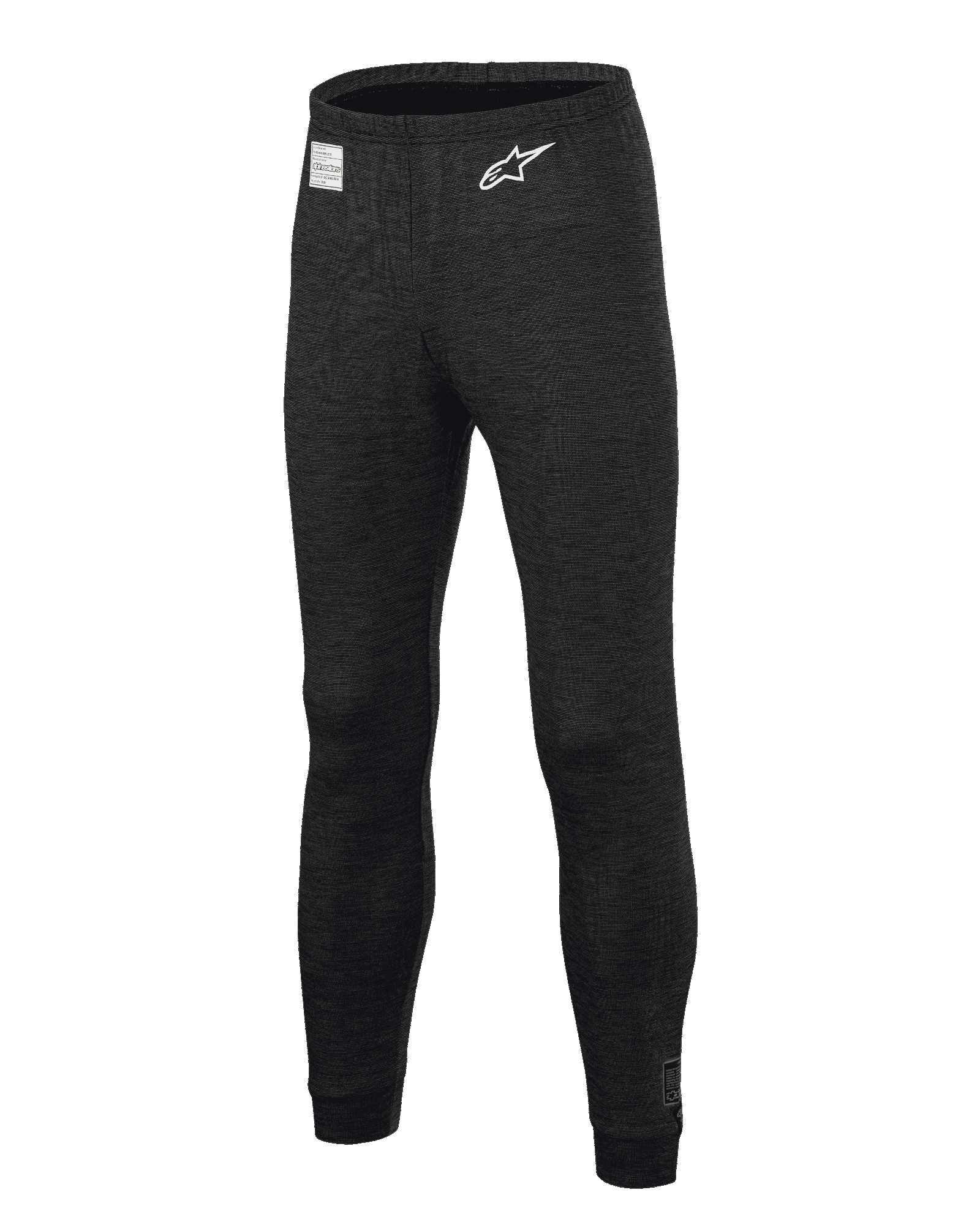 Alpinestars Race V3 Bottom, pantalones de capa base para automovilismo, negros, con tejido texturizado resistente al fuego, logotipo de estrella blanca en el muslo, etiqueta de certificación FIA en la cintura, prenda interior técnica larga para automovilismo profesional