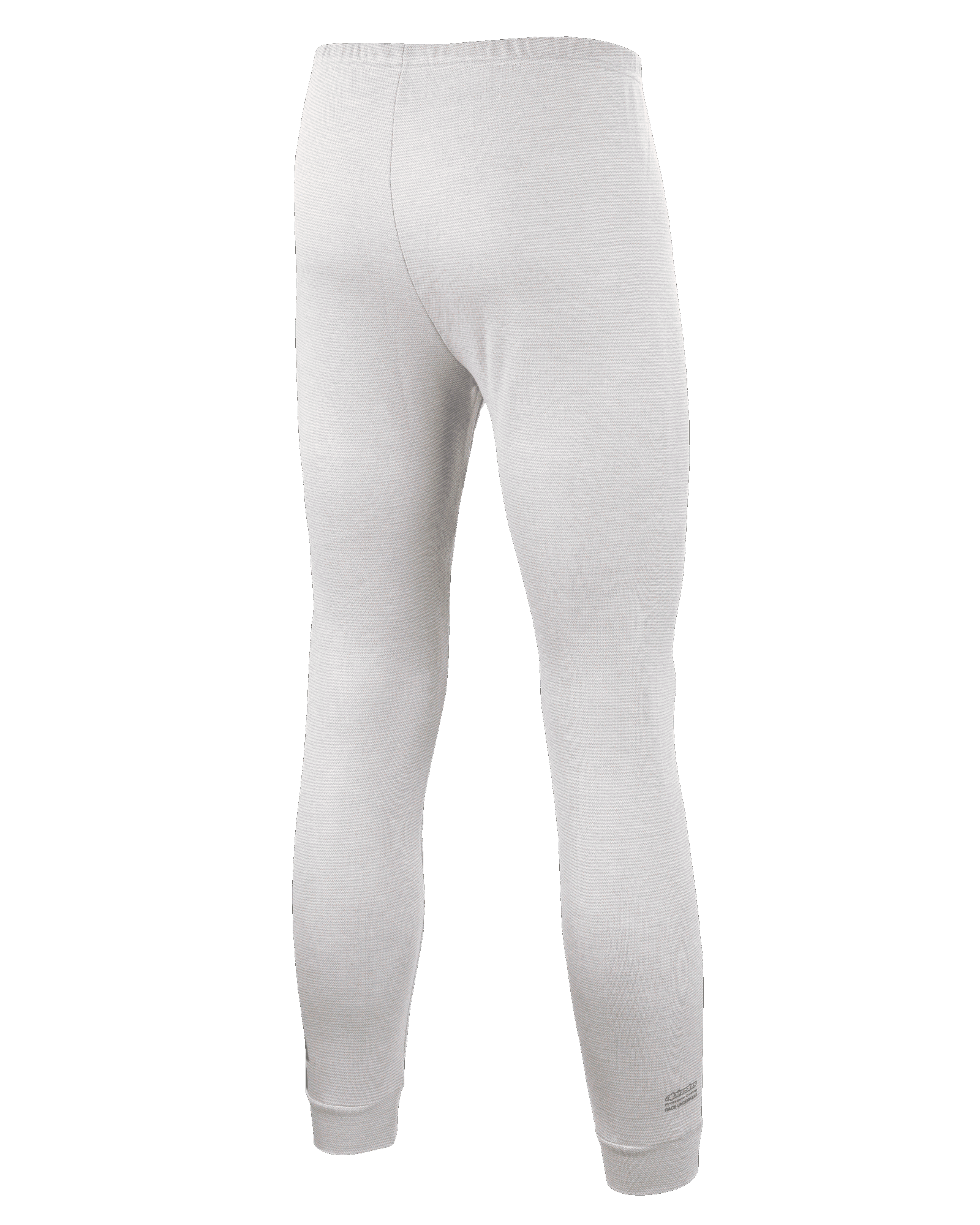 Alpinestars Race V3 Bottom, pantalones de capa base para automovilismo, blanco, vista posterior con tejido texturizado resistente a las llamas, cintura elástica y puños acanalados en los tobillos, diseñado para uso profesional en deportes de motor