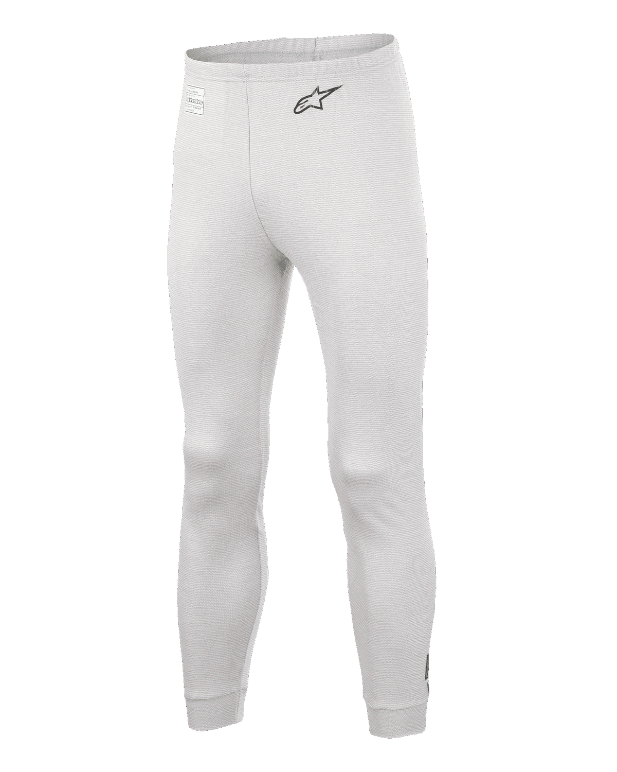 Alpinestars Race V3 Bottom, pantalones de capa base para automovilismo, blanco, material texturizado resistente al fuego, logotipo A-star negro en la cadera, cintura y puños de los tobillos acanalados, capa inferior técnica ligera
