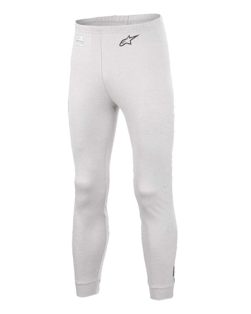 Alpinestars Race V3 Bottom, pantalones de capa base para automovilismo, blanco, material texturizado resistente al fuego, logotipo A-star negro en la cadera, cintura y puños de los tobillos acanalados, capa inferior técnica ligera