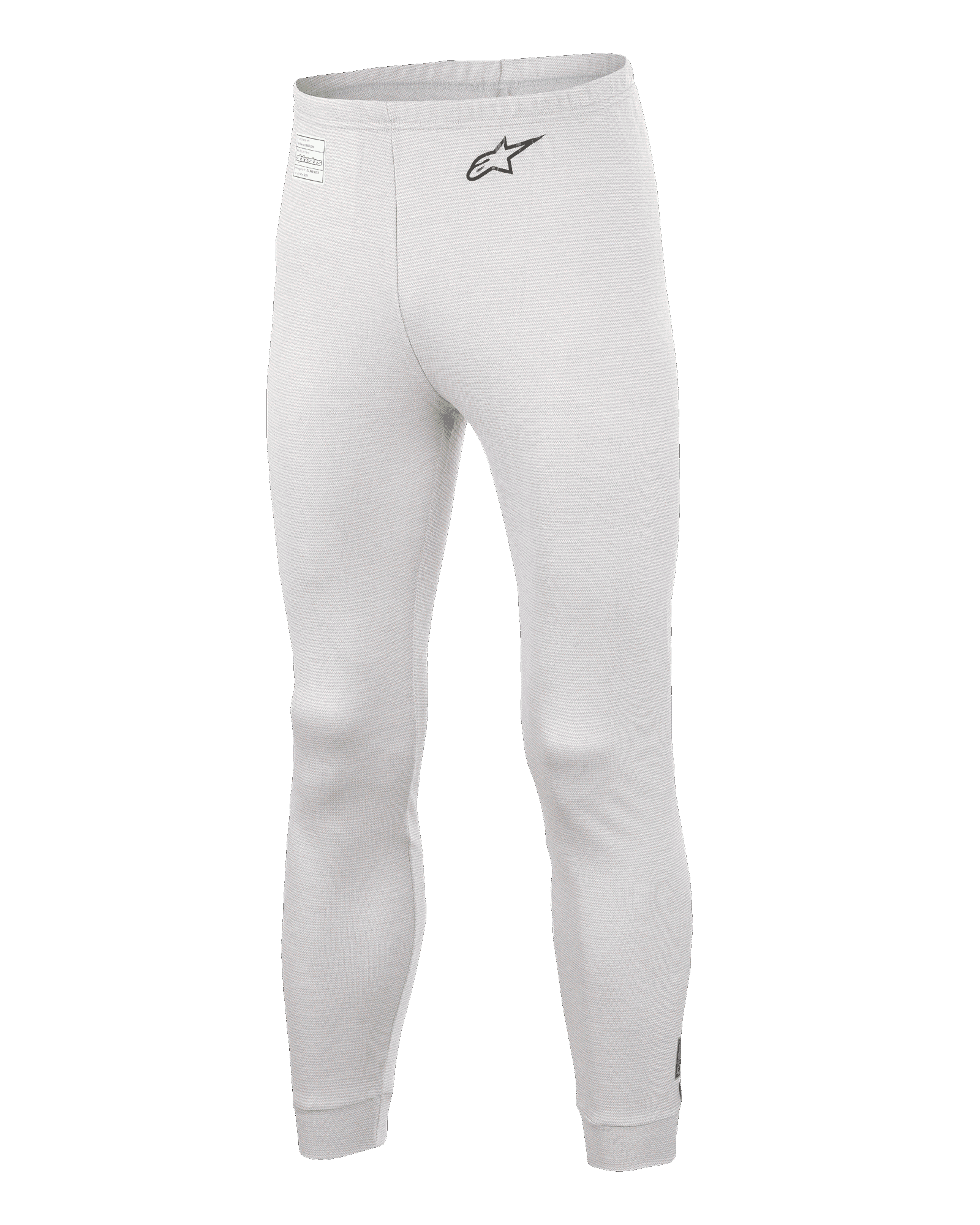 Alpinestars Race V3 Bottom, pantalones de capa base para automovilismo, blanco, material texturizado resistente al fuego, logotipo A-star negro en la cadera, cintura y puños de los tobillos acanalados, capa inferior técnica ligera