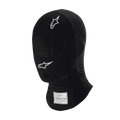 Alpinestars Race V3 Balaclava, pasamontañas de automovilismo negro resistente al fuego, logos de estrellas blancos en la frente y la mejilla, etiqueta de certificación FIA en el cuello, tejido técnico ligero con apertura para los ojos para protección de la cabeza en deportes de motor
