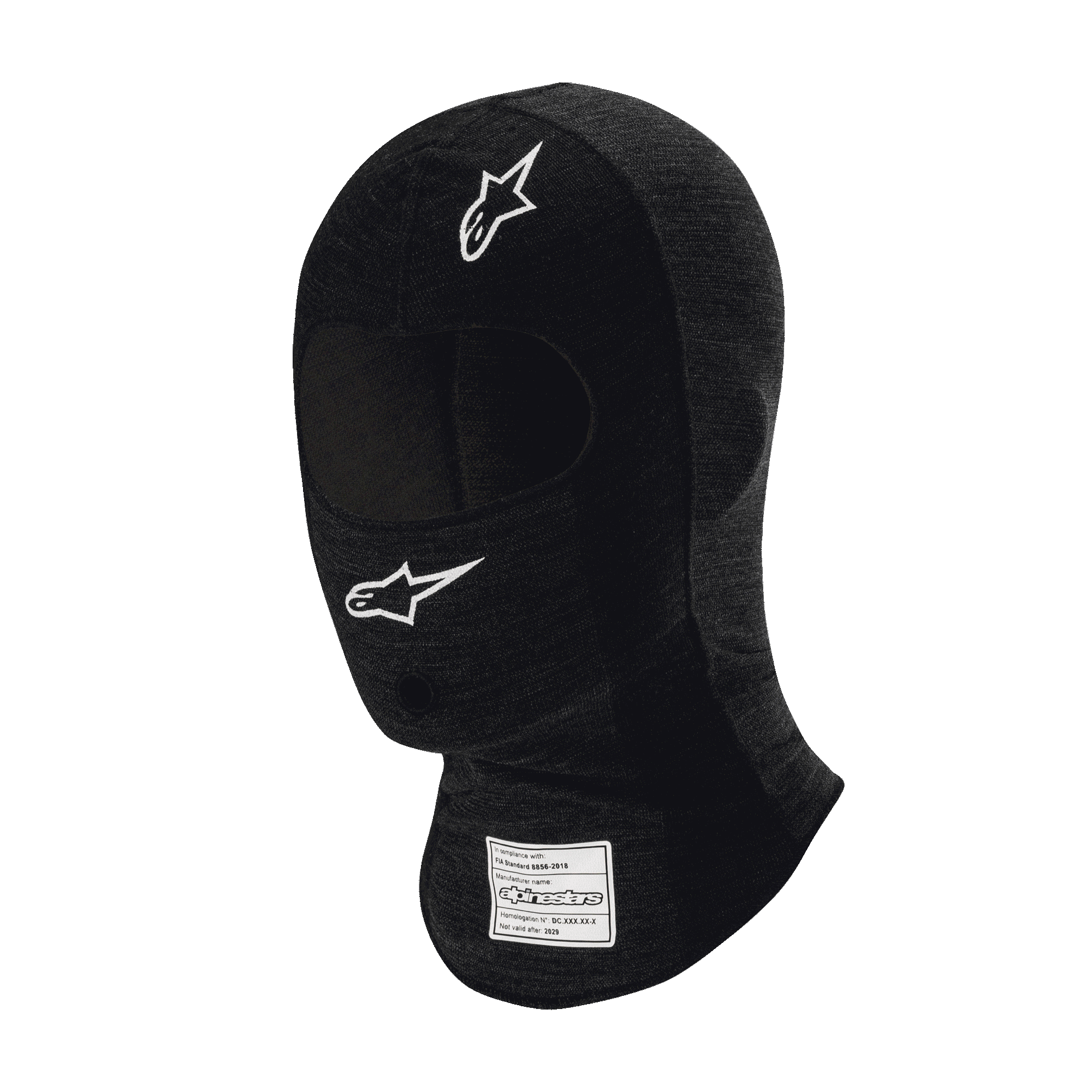 Alpinestars Race V3 Balaclava, pasamontañas de automovilismo negro resistente al fuego, logos de estrellas blancos en la frente y la mejilla, etiqueta de certificación FIA en el cuello, tejido técnico ligero con apertura para los ojos para protección de la cabeza en deportes de motor