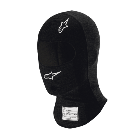 Alpinestars Race V3 Balaclava, Black flame-resistant auto racing balaclava, white star logos on forehead and cheek, FIA certification label on neck, lightweight technical fabric with eye opening for motorsport head protection