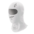 Alpinestars Race V3 Balaclava, blanco, pasamontañas para automovilismo, con logotipos Alpinestars negros, amplia abertura ovalada y etiqueta de homologación FIA 8856-2018, tejido ligero ignífugo