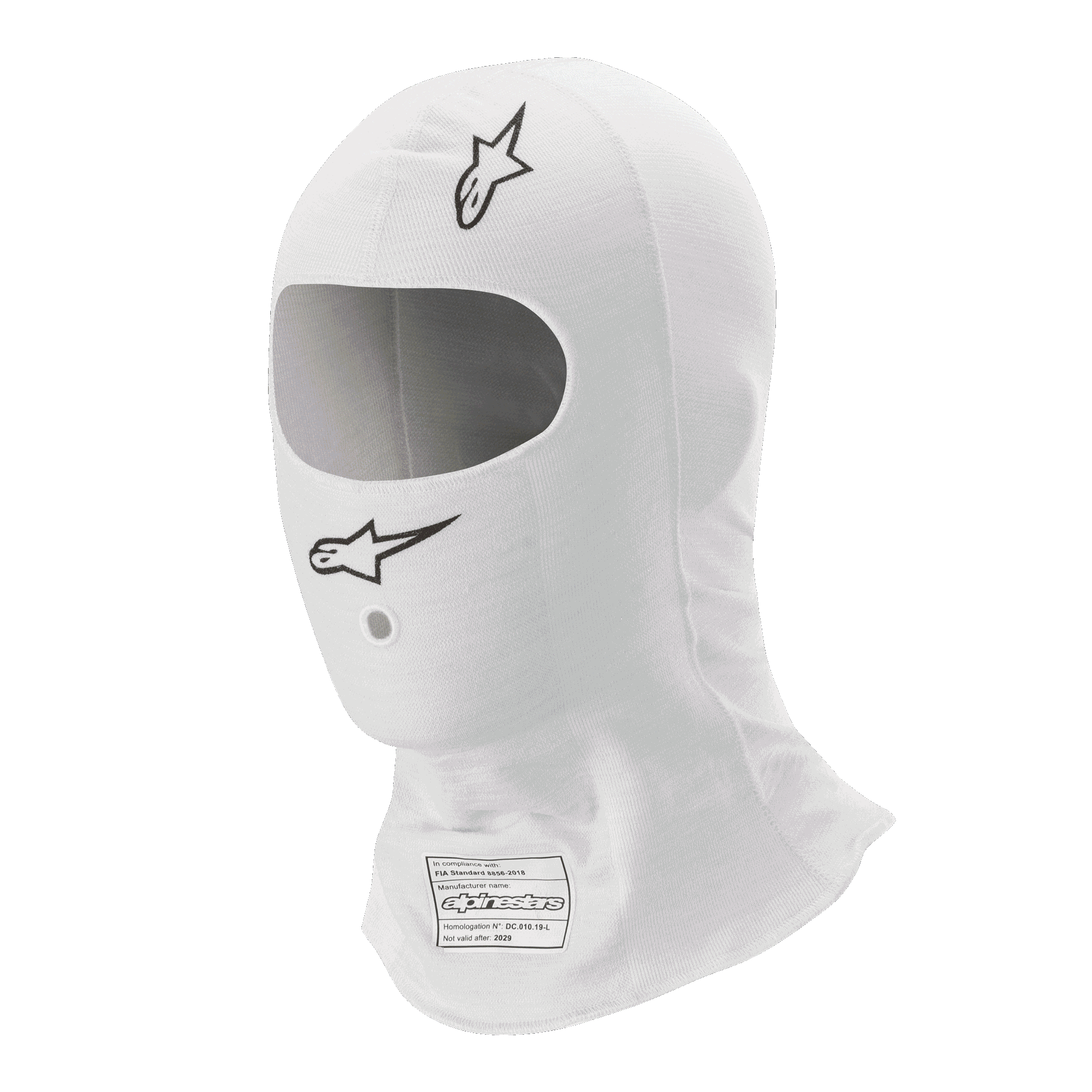 Alpinestars Race V3 Balaclava, blanco, pasamontañas para automovilismo, con logotipos Alpinestars negros, amplia abertura ovalada y etiqueta de homologación FIA 8856-2018, tejido ligero ignífugo