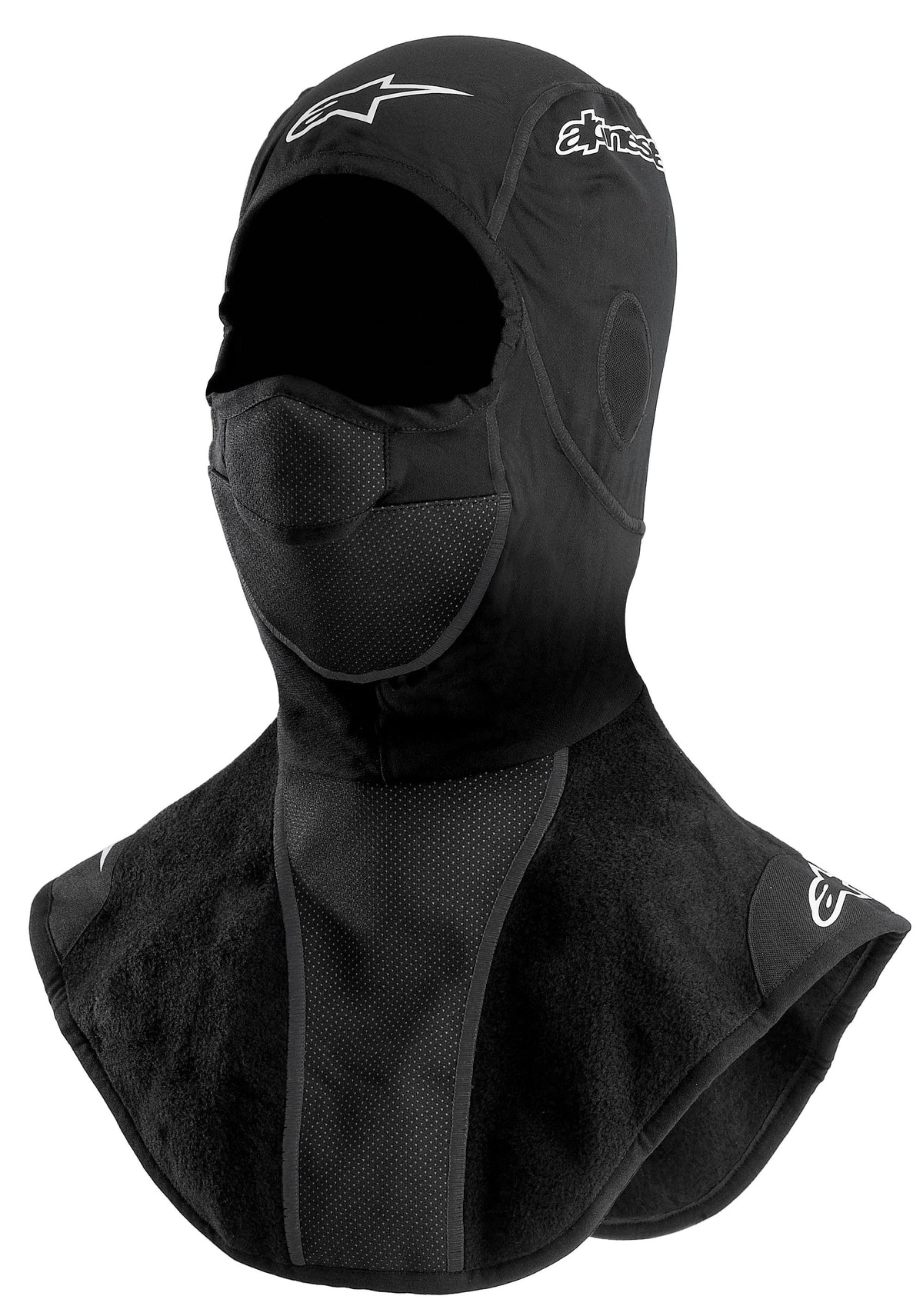 Alpinestars pasamontañas de invierno, pasamontañas de moto para clima frío, negro, con pechera y cuello extendidos de forro polar, panel bucal perforado transpirable y detalles de logotipos en blanco.