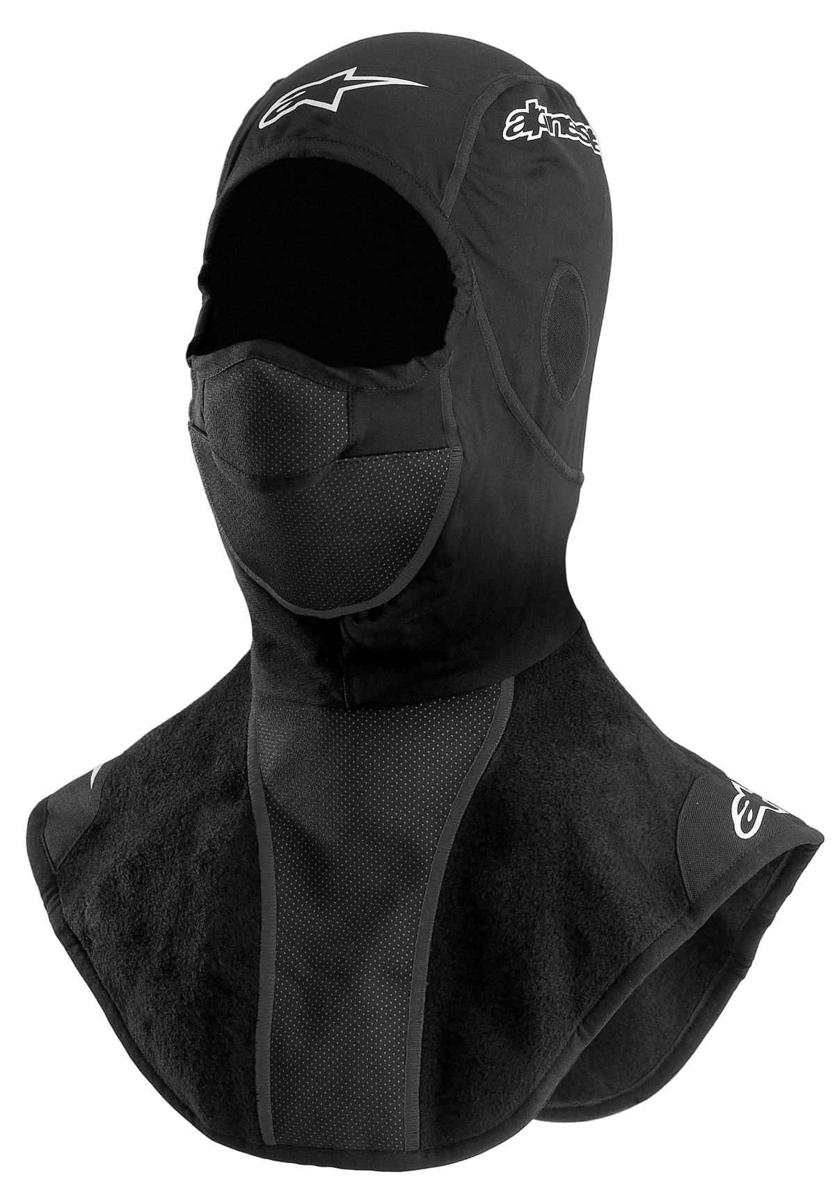 Alpinestars Winter Balaclava, pasamontañas de moto para clima frío, negro, con faldón polar extendido para el cuello y el pecho, panel frontal perforado transpirable y detalles de logotipos blancos impresos
