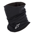 Alpinestars Tech Neck Warmer in Black, motorcycle neck tube with white embroidered logo, featuring perforated air holes and a double-layered fleece lining for thermal protection and wind-chill resistance.