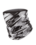 Alpinestars Neck Tube, braga de cuello para moto, negro y gris, diseño geométrico difuminado con el logo de la estrella de Alpinestars, tejido ligero y sedoso, capa base sin costuras para protección contra el viento