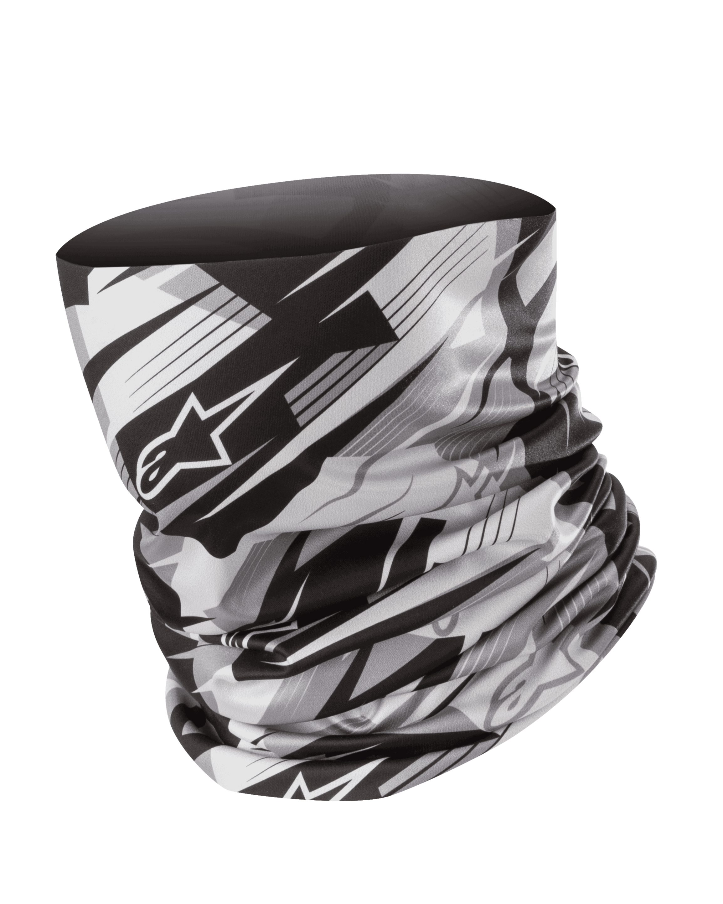 Alpinestars Neck Tube, braga de cuello para moto, negro y gris, diseño geométrico difuminado con el logo de la estrella de Alpinestars, tejido ligero y sedoso, capa base sin costuras para protección contra el viento