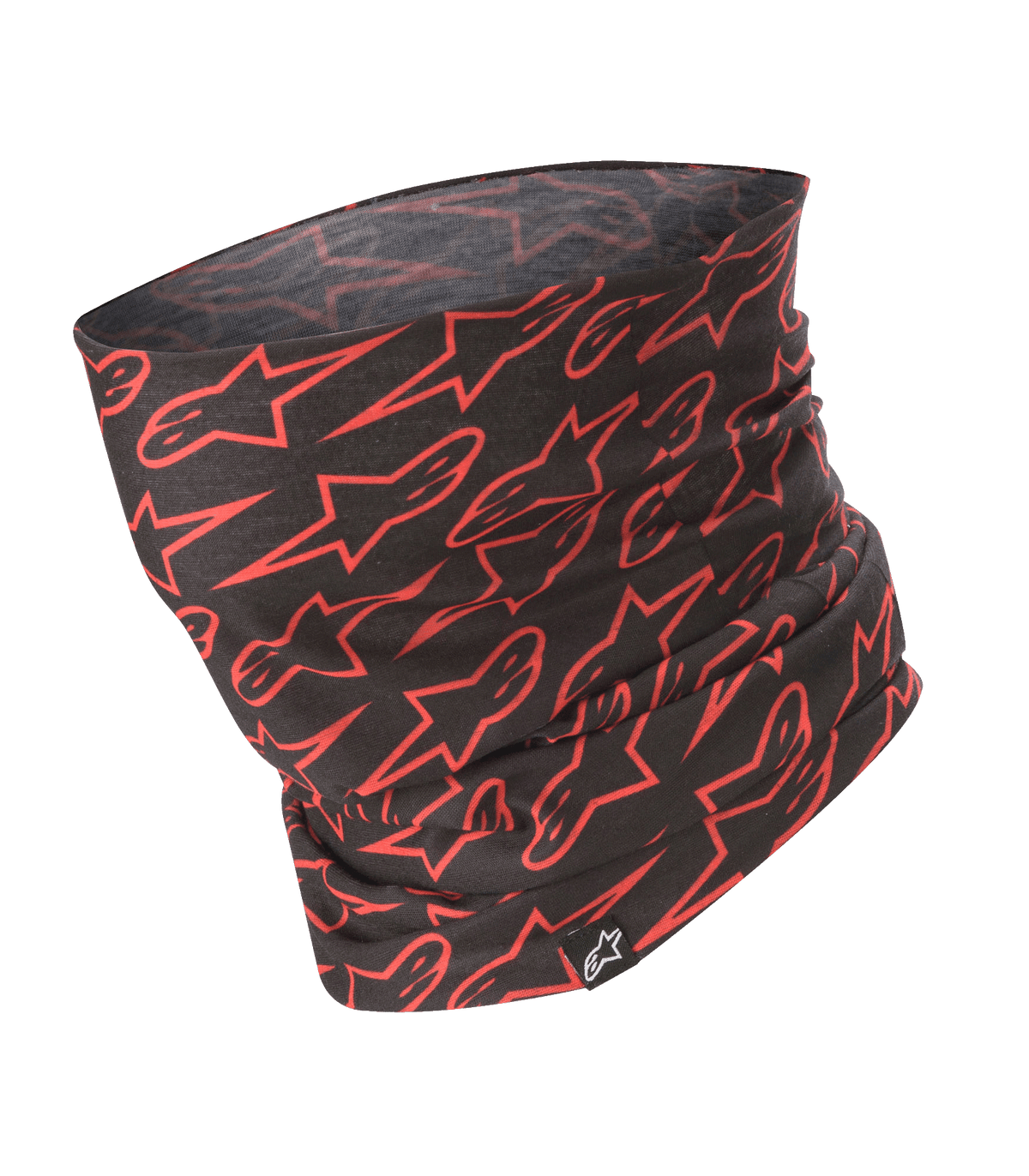 Alpinestars Neck Tube, braga de cuello para moto, negro con patrón de logotipos de estrellas rojas, tejido ligero y sedoso, accesorio de capa base para conducción