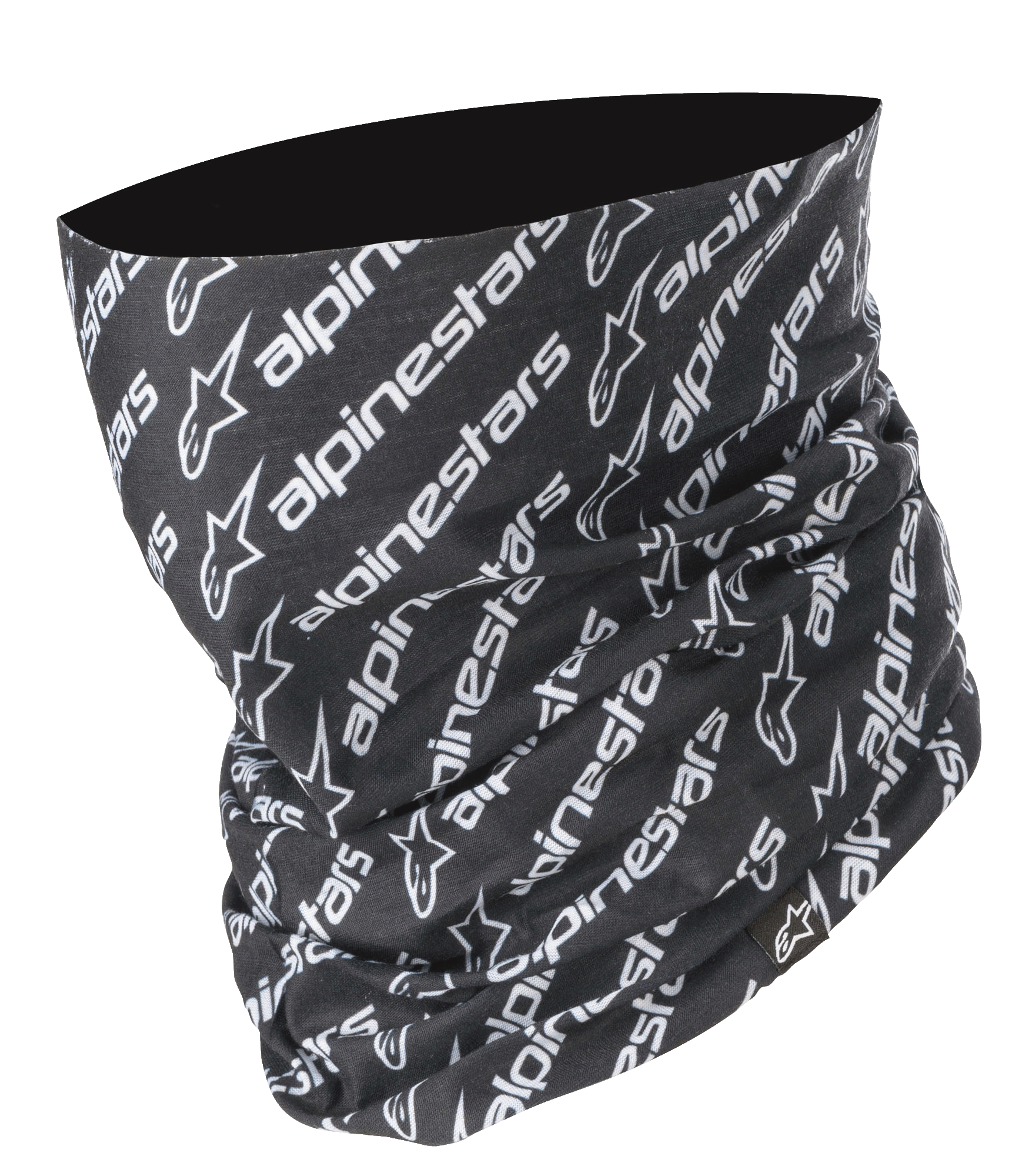 Alpinestars Linear Neck Tube, braga de cuello para moto, negro y blanco, patrón diagonal repetido con logotipo y texto de Alpinestars, construcción de microfibra sin costuras, capa base ligera para carretera