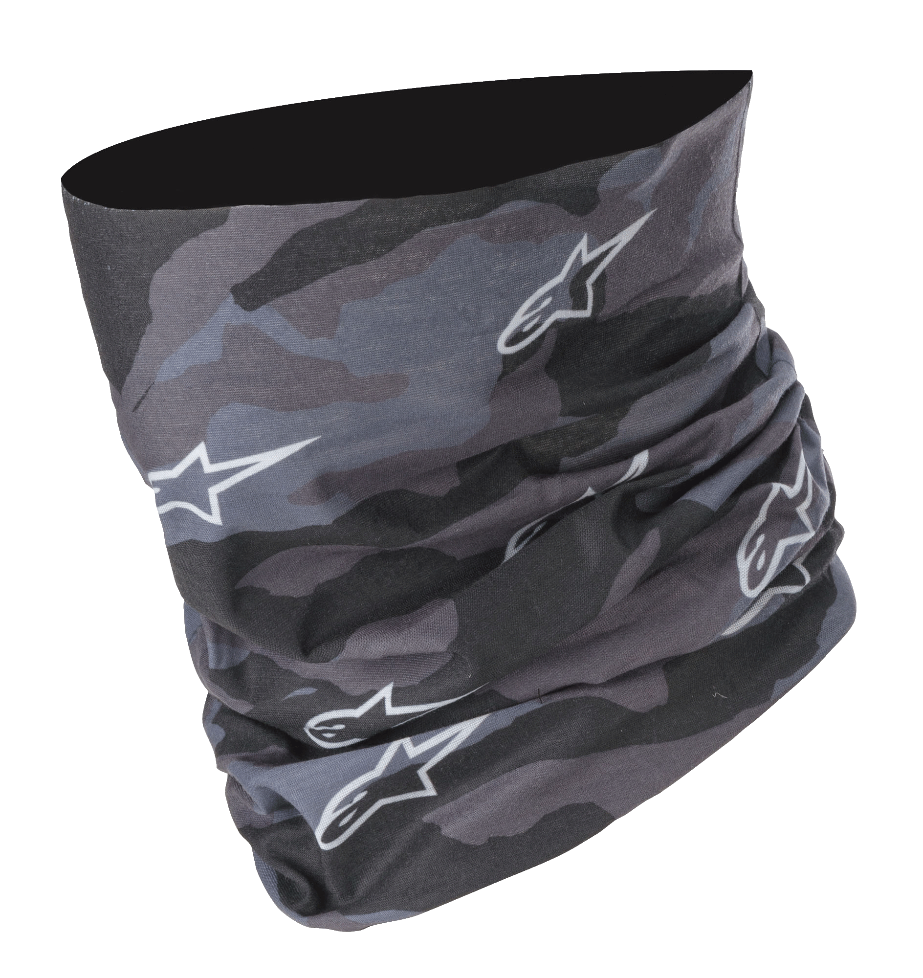 Alpinestars Tactical Neck Tube en Black Tar Gray, patrón de camuflaje digital con logotipos de estrella blancos, construcción de microfibra sin costuras, braga de cuello versátil para moto y cobertura de capa base