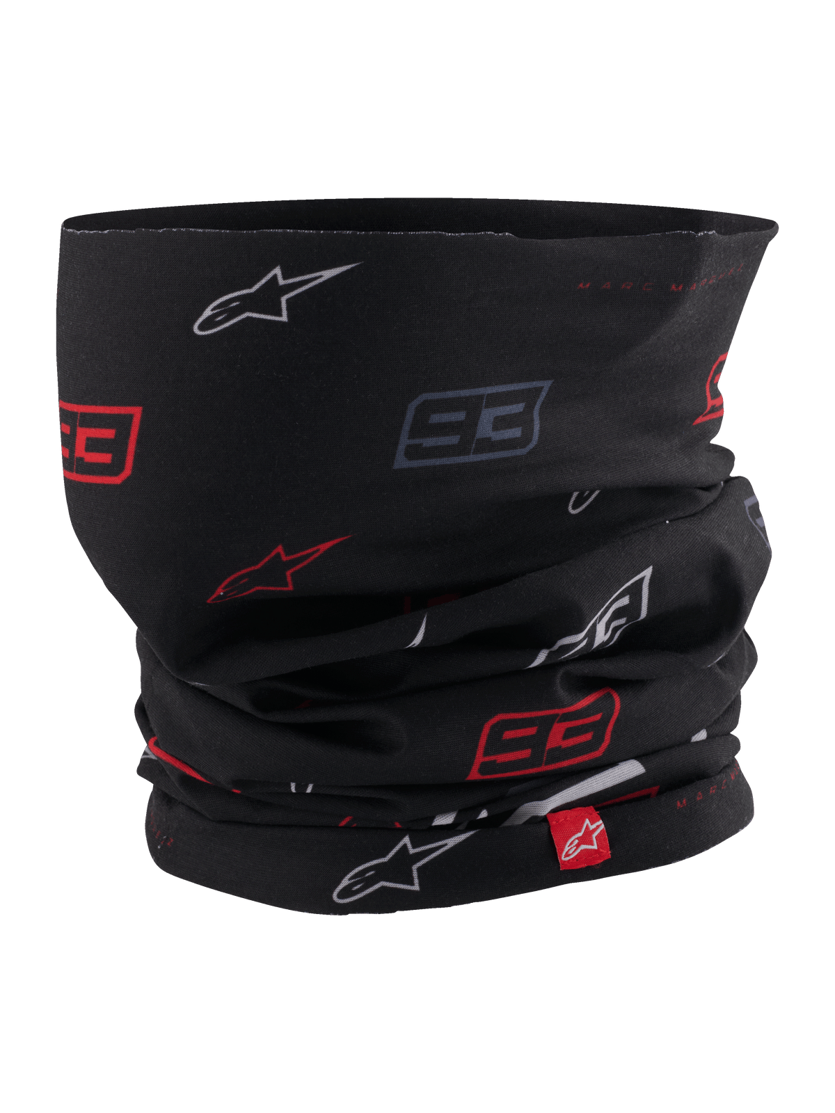 Alpinestars MM93 Neck Tube, braga de cuello para moto, negra con diseño de logotipos de estrella y el número 93 de Marc Márquez en rojo y blanco, tejido elástico y ligero, con una pequeña etiqueta roja de la marca Alpinestars