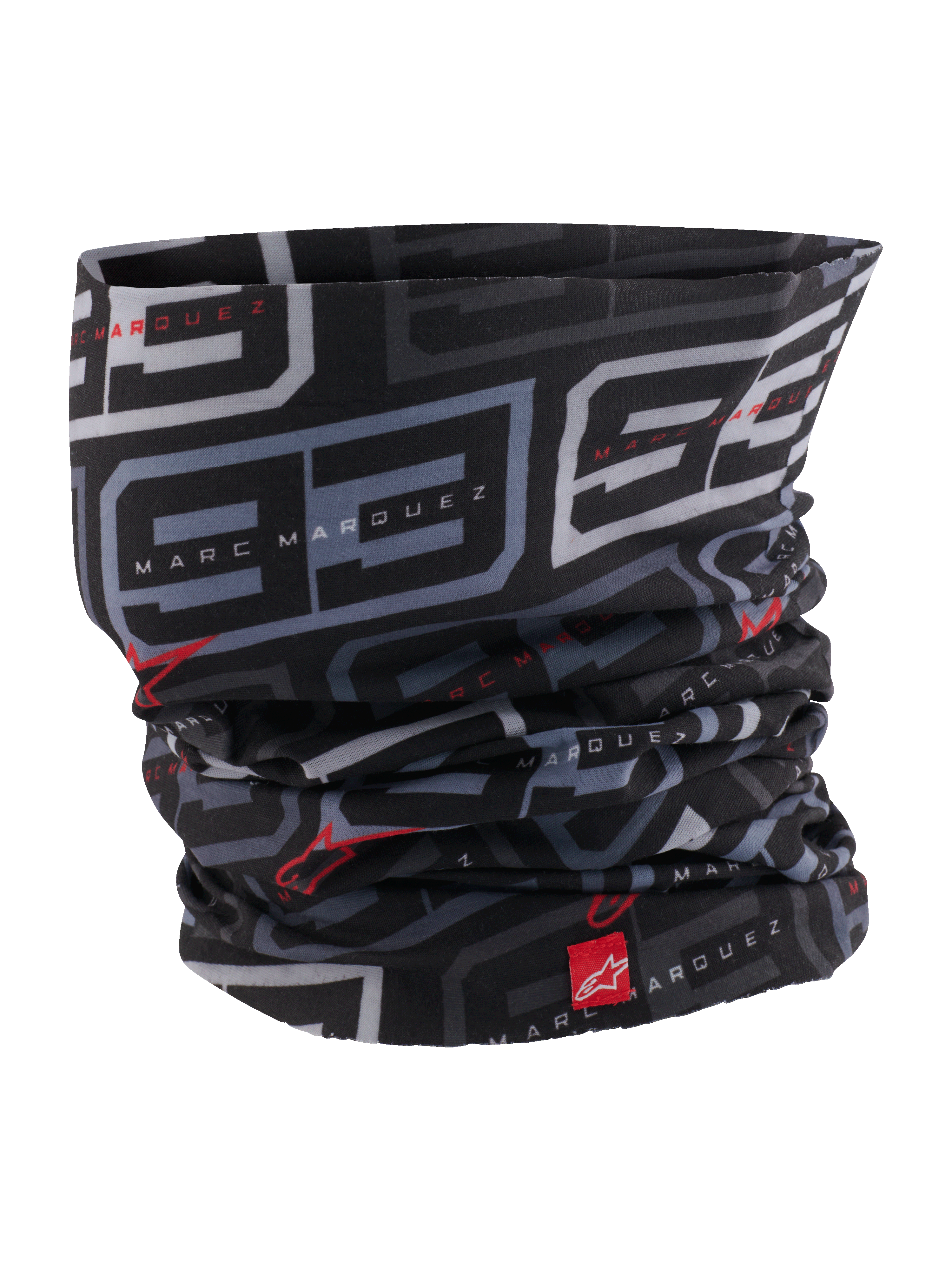 Alpinestars MM93 Neck Tube, braga de cuello para moto, negro antracita y rojo brillante, con un patrón gris recurrente del '93' y marca Marc Marquez, logotipos rojos de Alpinestars, tejido ligero y sedoso para conducción en carretera en primavera y verano