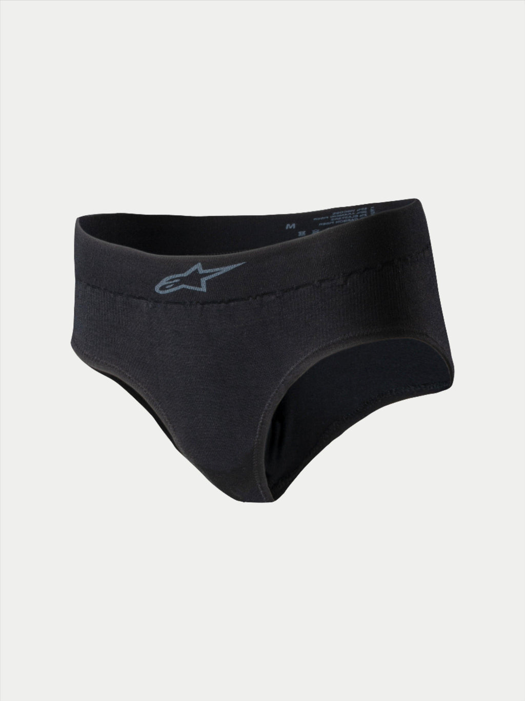 Alpinestars Stella TECH ZX Briefs, ropa interior de carreras para mujer, color negro con logo gris en la cintura, capa base ligera e ignífuga, certificación FIA 8856-2018, diseñada para el rendimiento en automovilismo.