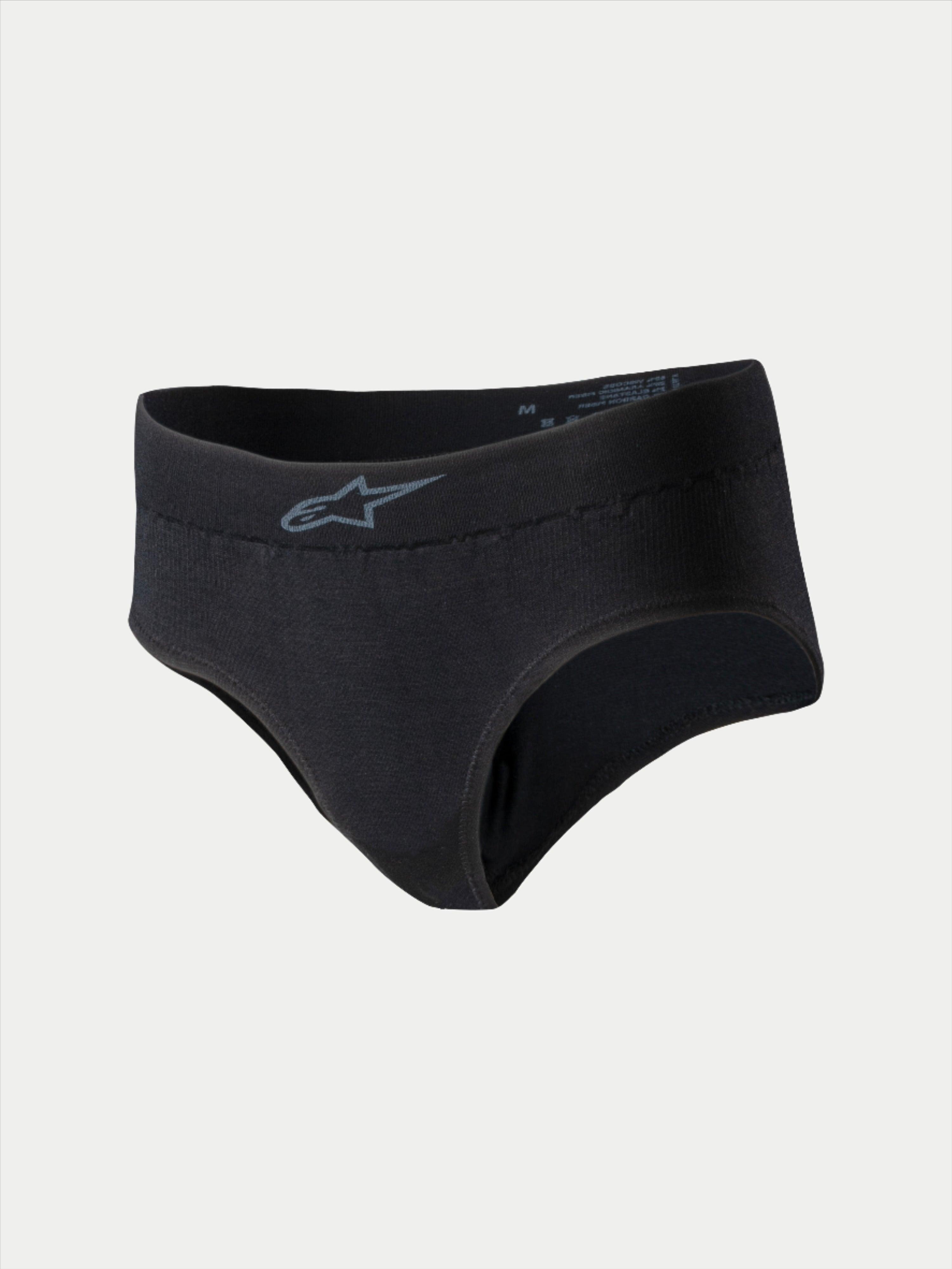 Alpinestars Stella TECH ZX Briefs, ropa interior de carreras para mujer, color negro con logo gris en la cintura, capa base ligera e ignífuga, certificación FIA 8856-2018, diseñada para el rendimiento en automovilismo.
