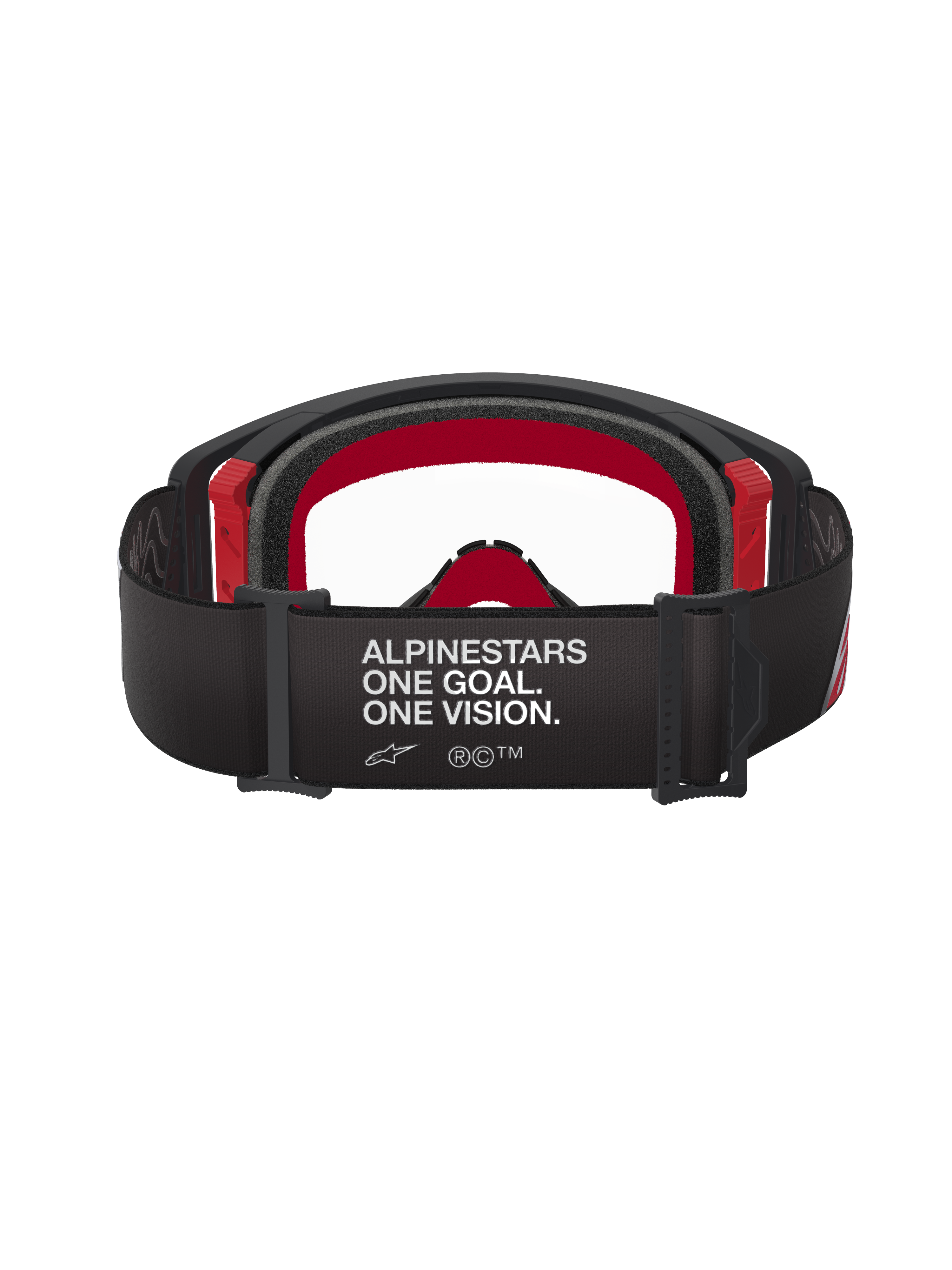 Alpinestars Supertech Corp Goggles, Motocross Goggles, Black and Red with Clear Lens, rear view showing wide black strap with white 'ALPINESTARS ONE GOAL. ONE VISION.' branding, multi-layer face foam and red frame accents