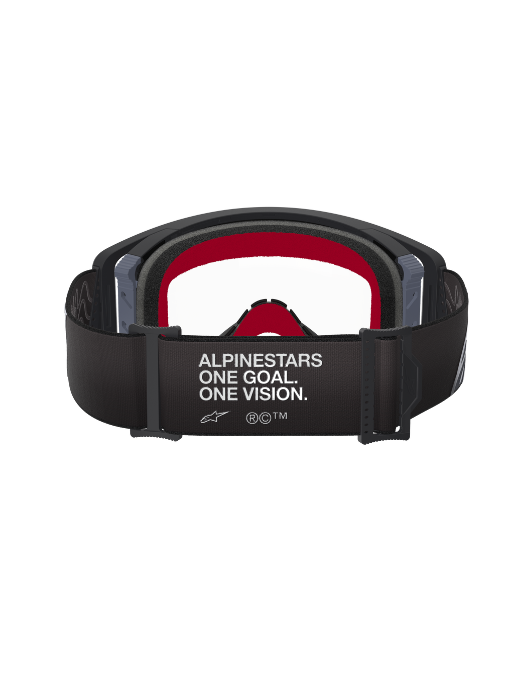Gafas de motocross Alpinestars Supertech Corp, montura negra y gris con lente transparente, vista trasera con correa negra con el eslogan 'ALPINESTARS ONE GOAL. ONE VISION.' y espuma facial interna roja