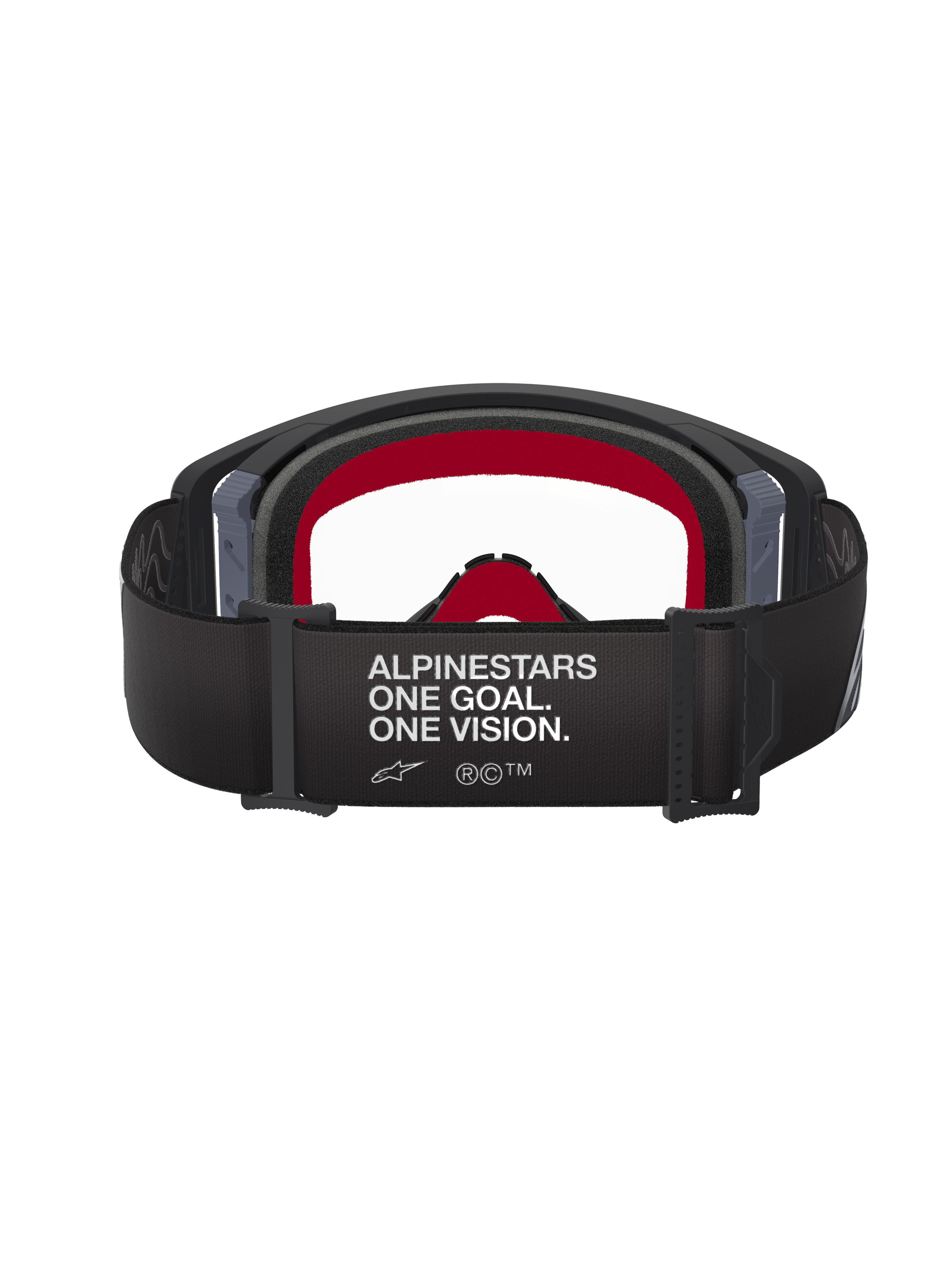 Gafas de motocross Alpinestars Supertech Corp, montura negra y gris con lente transparente, vista trasera con correa negra con el eslogan 'ALPINESTARS ONE GOAL. ONE VISION.' y espuma facial interna roja