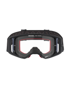 Gafas Alpinestars Supertech Corp, gafas de motocross, montura negra con lente transparente, con espuma facial interna roja, texto 'ONE GOAL. ONE VISION.' en la parte superior de la lente y correa negra con reverso de silicona, gafas profesionales para competición off-road