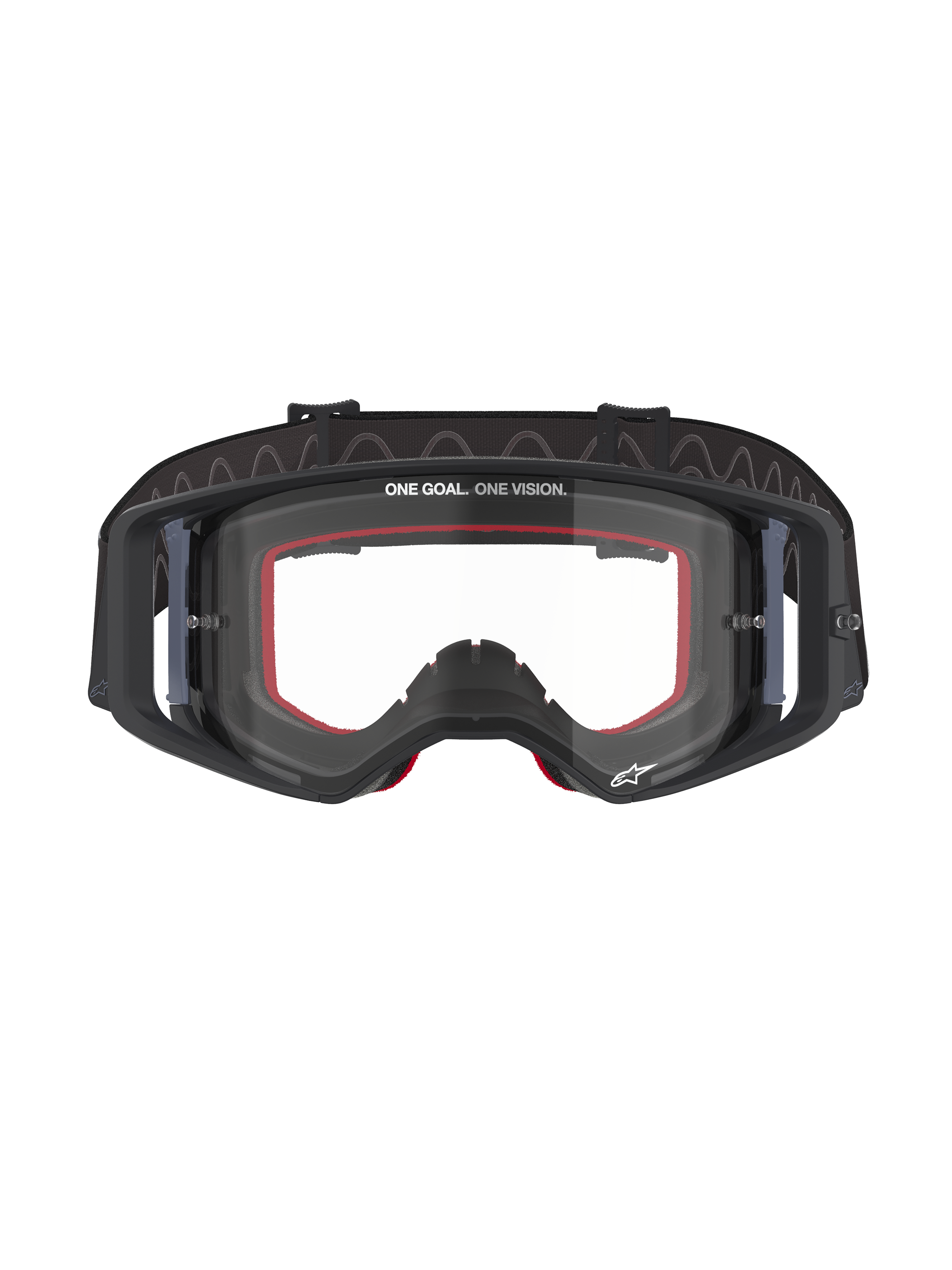 Gafas Alpinestars Supertech Corp, gafas de motocross, montura negra con lente transparente, con espuma facial interna roja, texto 'ONE GOAL. ONE VISION.' en la parte superior de la lente y correa negra con reverso de silicona, gafas profesionales para competición off-road