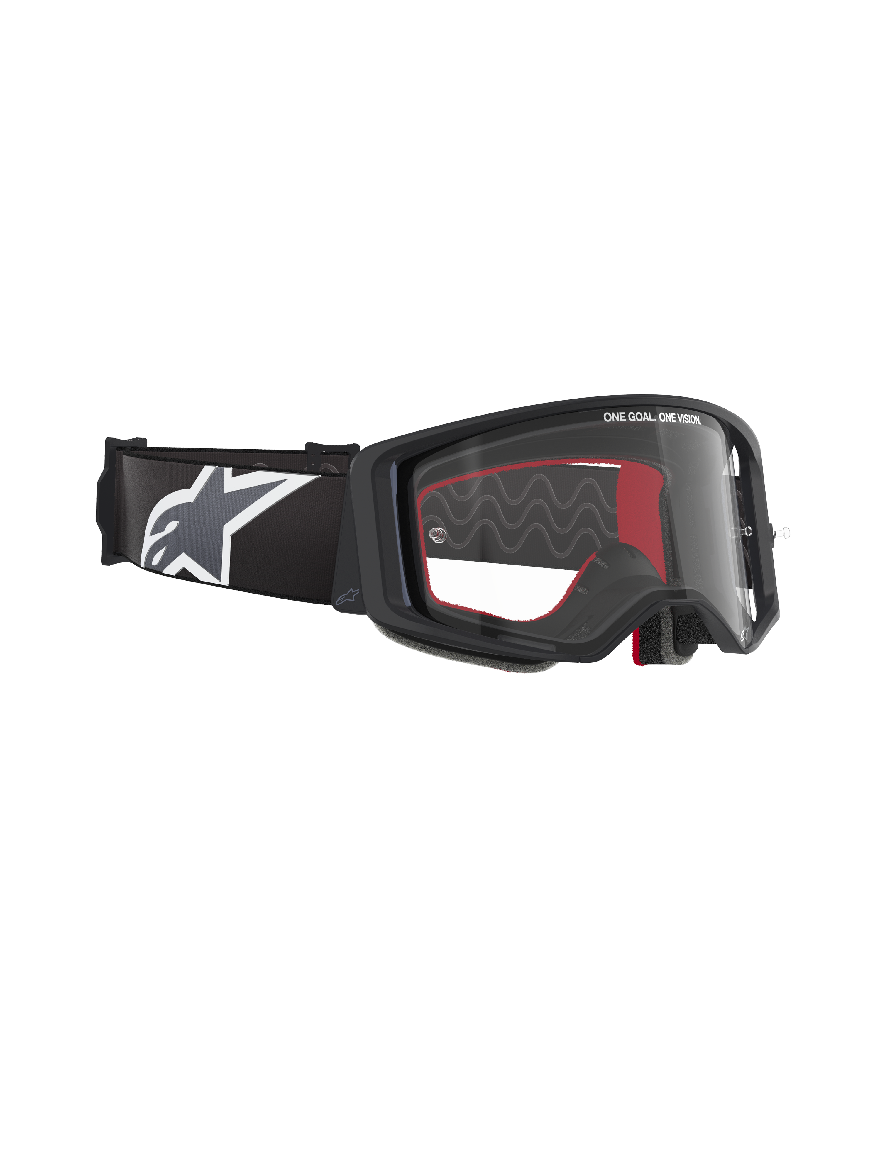 Gafas Alpinestars Supertech Corp, gafas de motocross, montura negra con lente transparente, correa ajustable negra con logotipo de estrella Alpinestars en blanco, detalles interiores de espuma roja, protección ocular profesional para carreras off-road