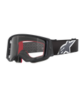 Alpinestars Supertech Corp Goggles, Motocross Goggles, Black Grey and Clear, clear polycarbonate lens with black frame, red internal face foam, wide adjustable strap with large white and grey Astars logo, protective off-road eyewear