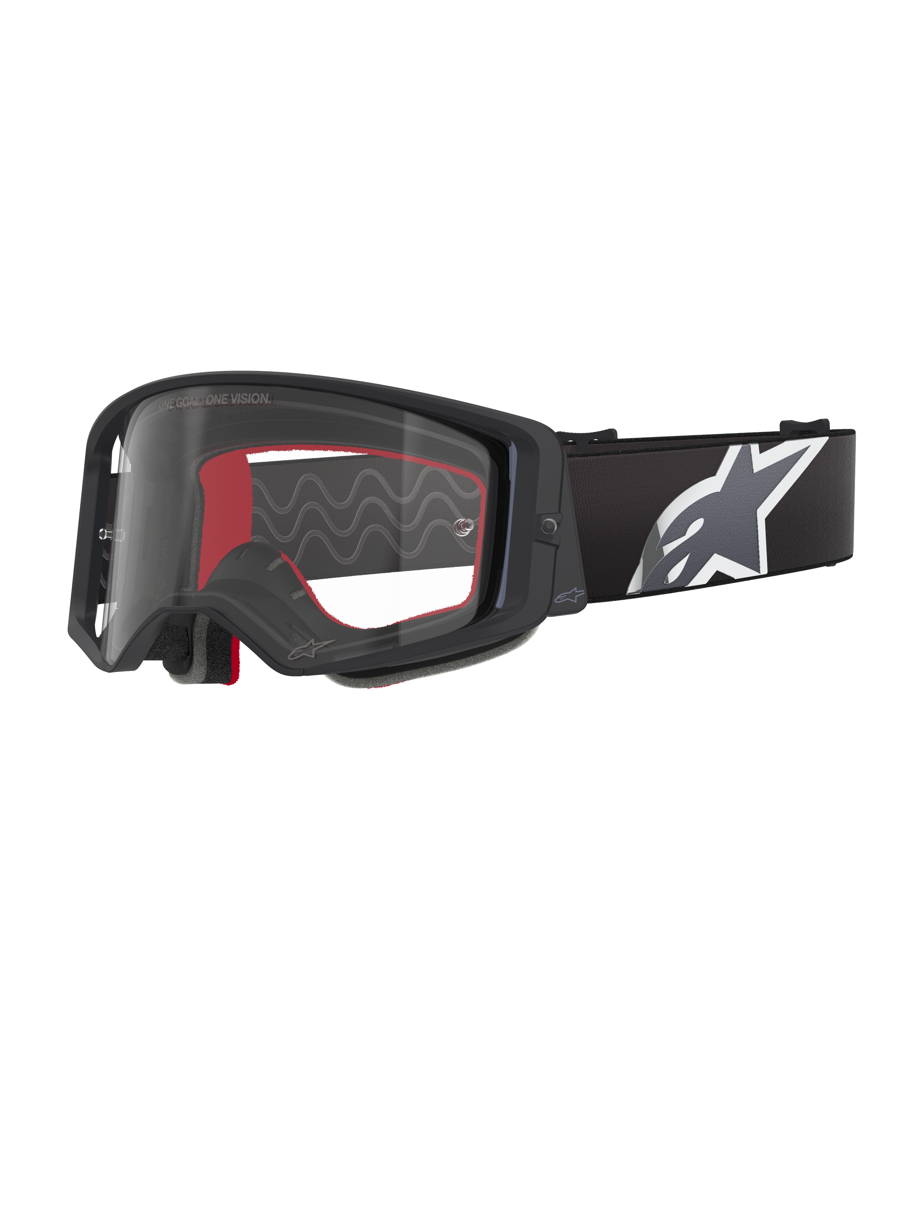 Gafas Alpinestars Supertech Corp, gafas de motocross, negro, gris y transparente, lente de policarbonato transparente con montura negra, espuma facial interna roja, correa ancha ajustable con logotipo de Astars en blanco y gris, gafas protectoras para off-road