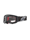 Alpinestars Supertech Corp Goggles, gafas de motocross, negras con interior rojo, lente transparente, correa negra con logotipo de estrella blanca grande, marca "ONE GOAL. ONE VISION.", gafas de alto rendimiento para off-road