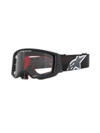 Alpinestars Supertech Corp Goggles, gafas de motocross, negras con interior rojo, lente transparente, correa negra con logotipo de estrella blanca grande, marca "ONE GOAL. ONE VISION.", gafas de alto rendimiento para off-road