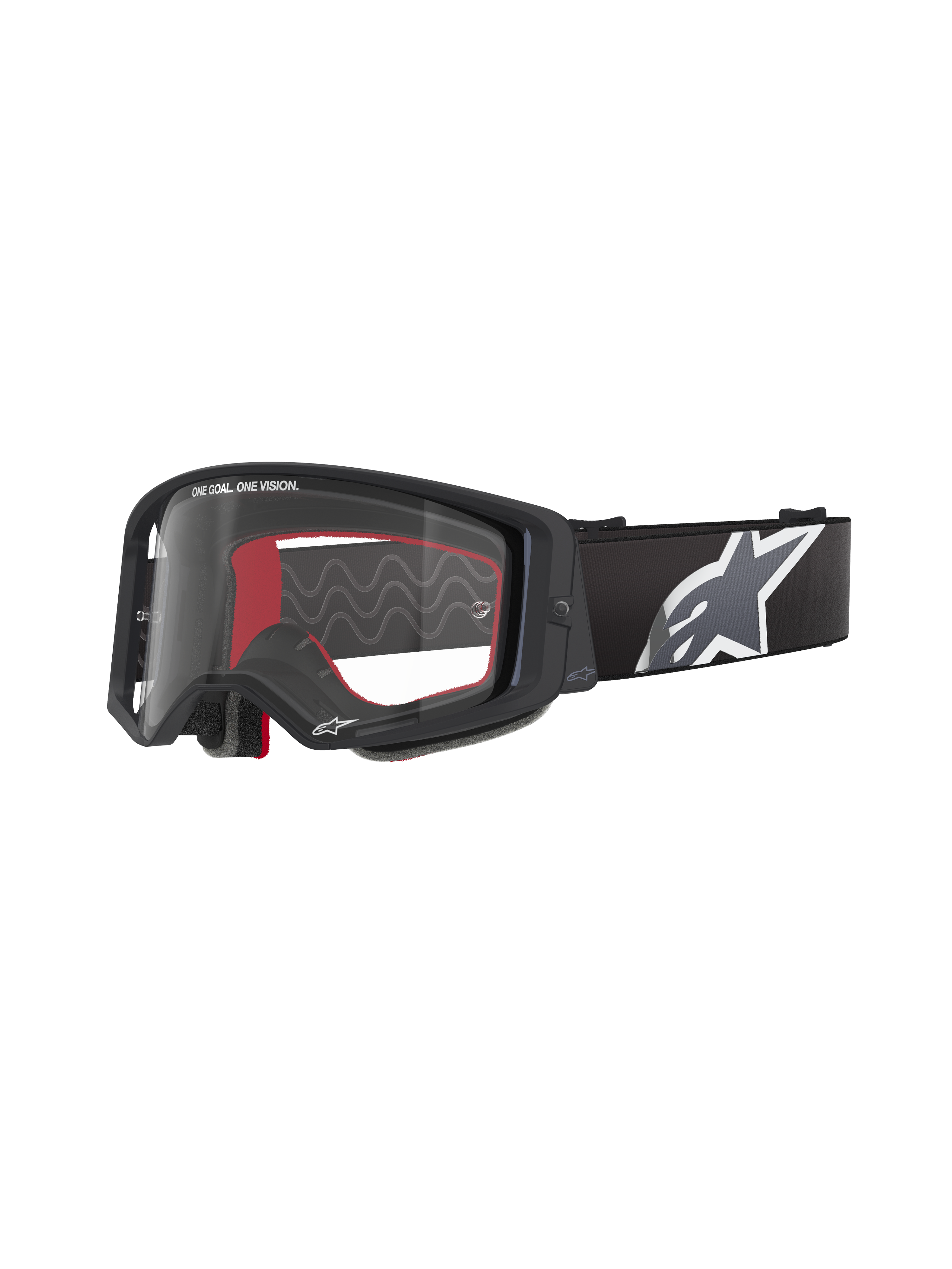 Alpinestars Supertech Corp Goggles, gafas de motocross, negras con interior rojo, lente transparente, correa negra con logotipo de estrella blanca grande, marca "ONE GOAL. ONE VISION.", gafas de alto rendimiento para off-road