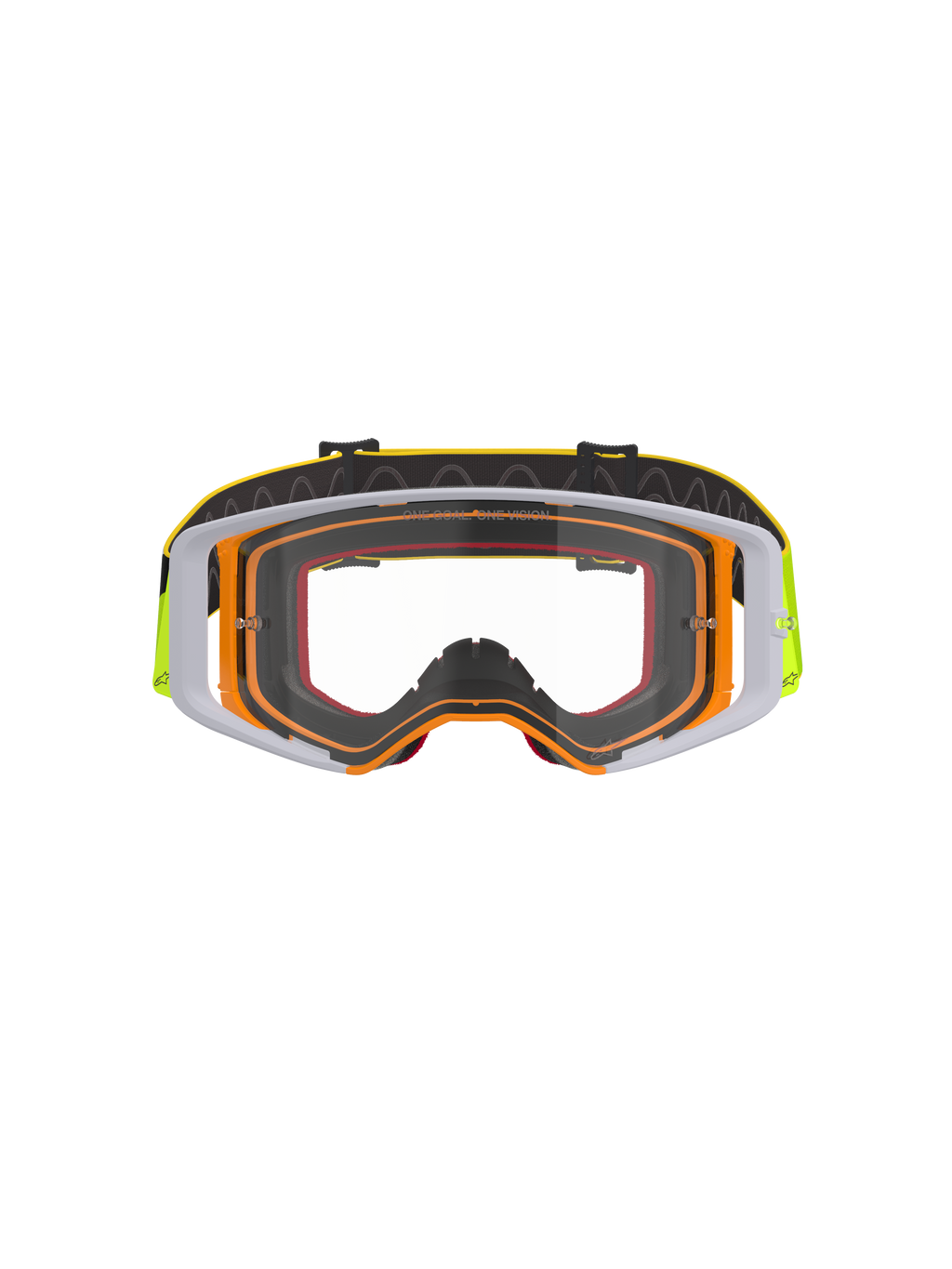 Alpinestars Supertech Corp Goggles, Motocross Goggles, Fluo Yellow and White frame with Clear Lens, grey accents, black adjustable strap with yellow branding and internal silicone grip, high-performance eyewear for off-road racing.