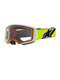 Alpinestars Supertech Corp Goggles, Motocross Goggles, Fluo Yellow Grey Clear, grey outer frame with orange inner seal, clear lens, bright yellow strap with black and white Alpinestars logo, high-performance eyewear for off-road racing