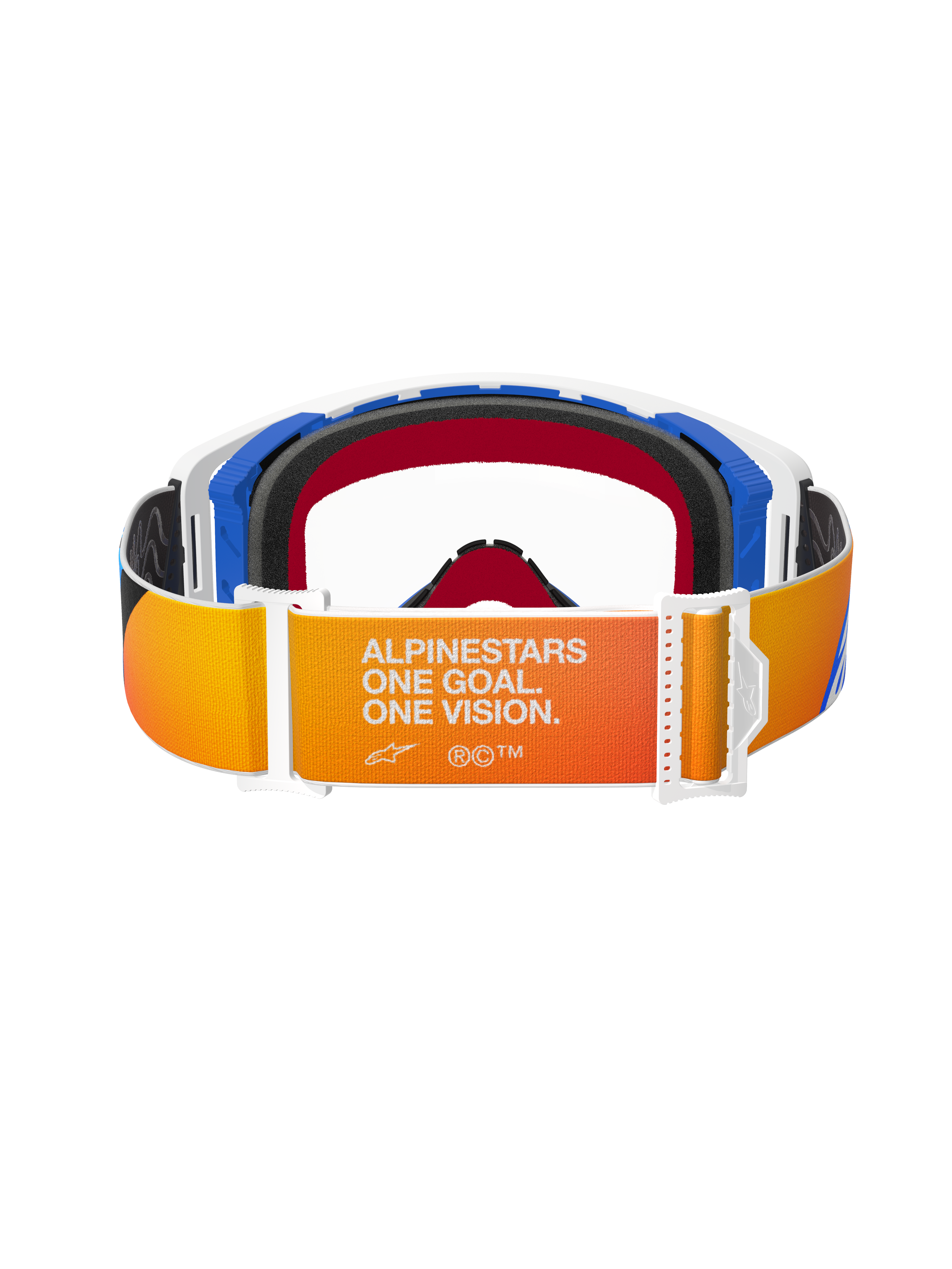 Alpinestars Supertech Corp Goggles, Motocross Goggles, Blue Orange Clear, rear view showing orange and yellow gradient strap with white 'ALPINESTARS ONE GOAL. ONE VISION.' text, white buckles, and blue frame accents.