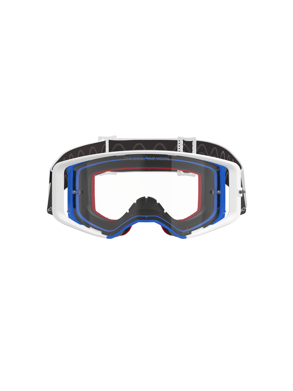 Alpinestars Supertech Corp Goggles, Motocross Goggles, Blue White and Orange with Clear Lens, black strap with white logo, professional off-road racing eyewear with wide field of vision and double-injected frame design