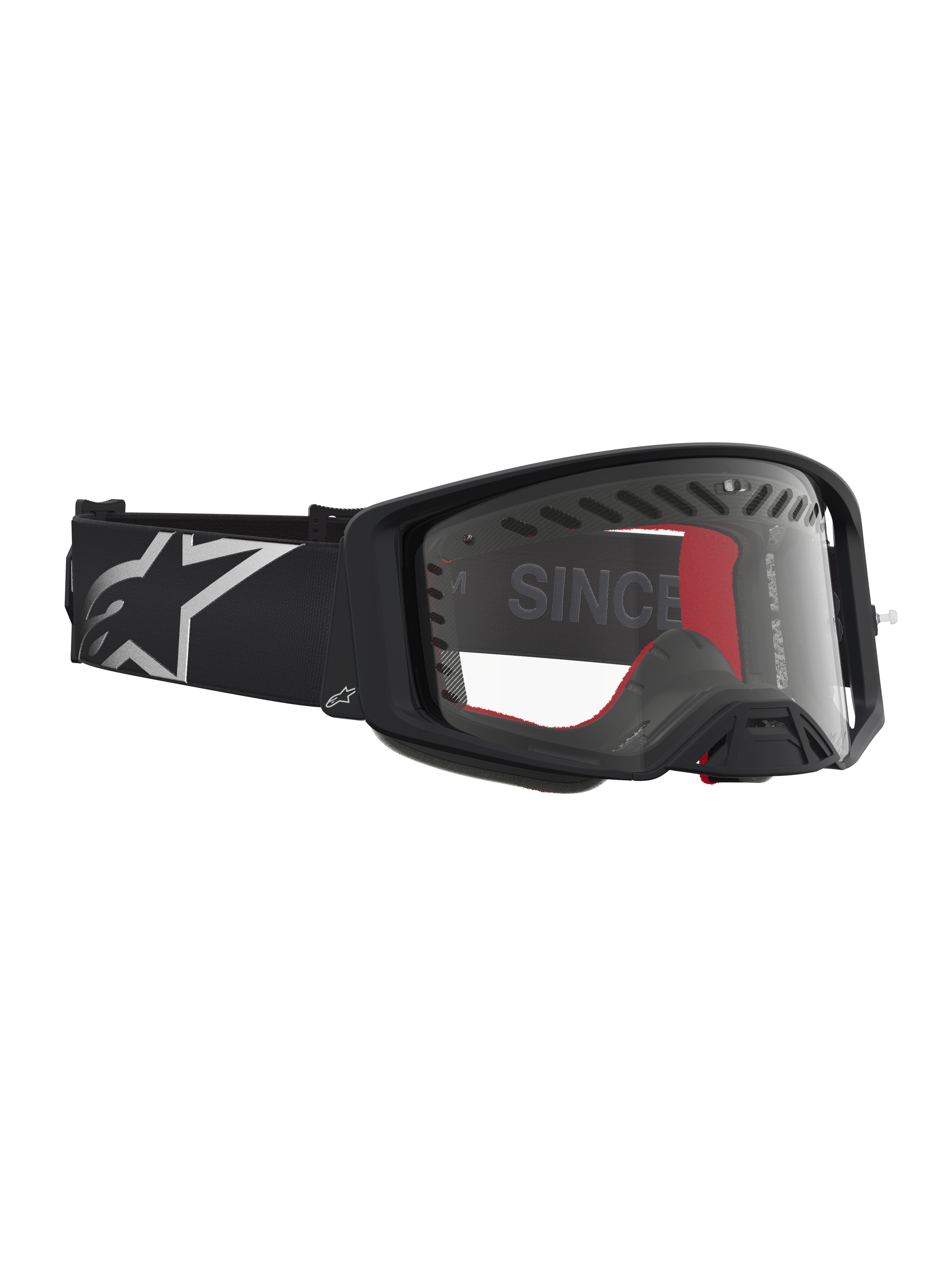 Alpinestars Supertech Dura Air Fluid, gafas de motocross para carreras off-road, negras y plateadas, con lente clara de policarbonato y diseño de flujo de aire.
