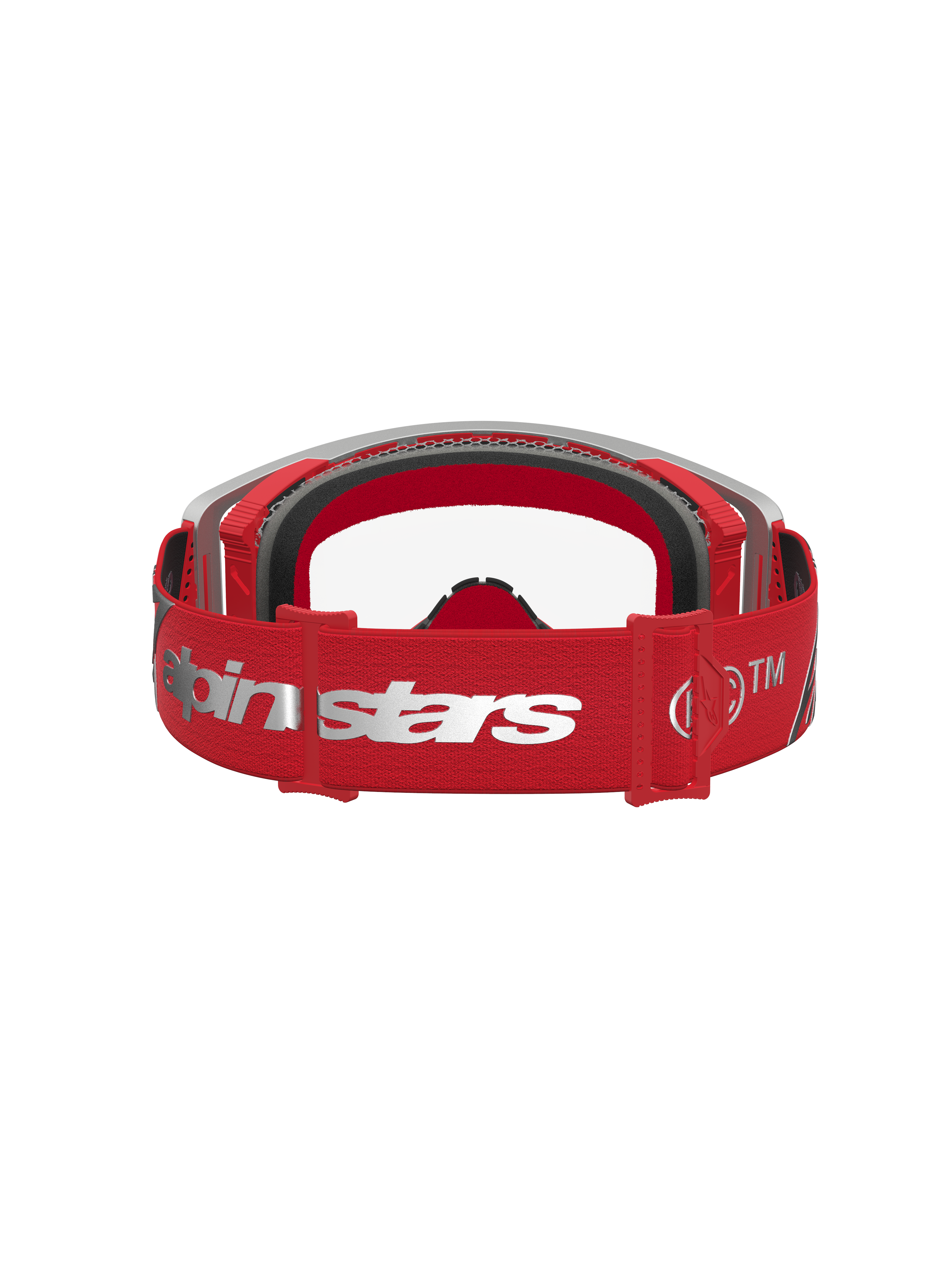 Alpinestars Supertech Dura Air Fluid Goggles, Red and Silver MX goggles with an adjustable logo strap and foam padding.