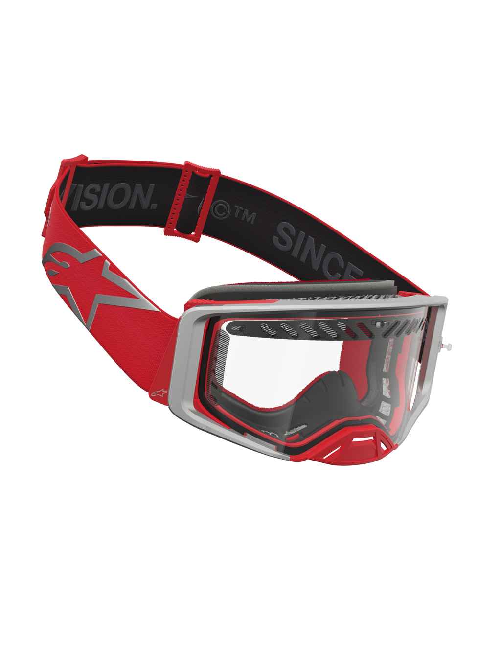 Alpinestars Supertech Dura Air Fluid Goggles, red and silver motocross goggles with clear lens and vented frame.