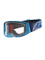 Gafas Alpinestars Supertech Dura Air Fluid para motocross, azul degradado y plateado, lente transparente y diseño off-road.