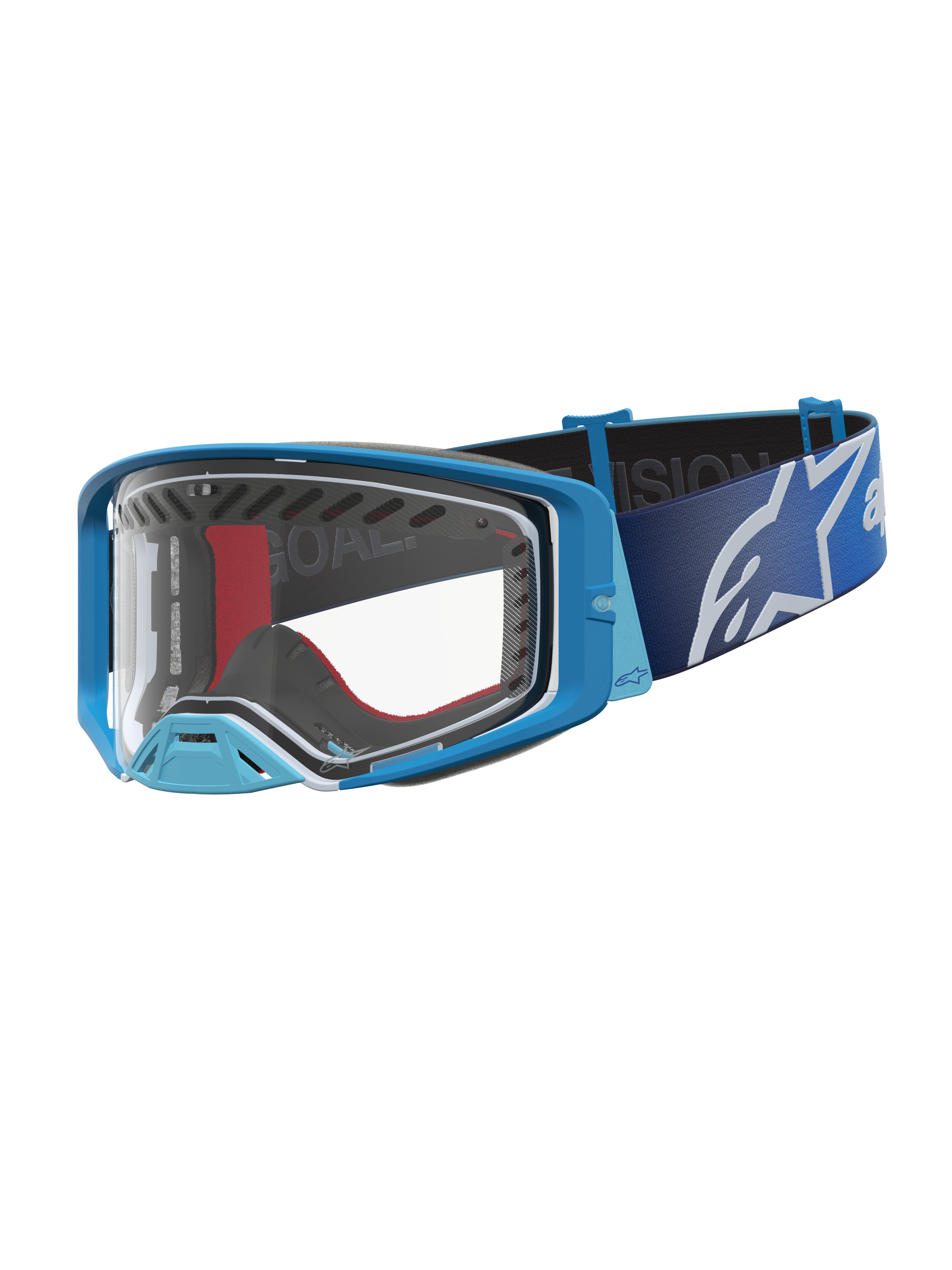 Gafas Alpinestars Supertech Dura Air Fluid para motocross, azul degradado y plateado, lente transparente y diseño off-road.