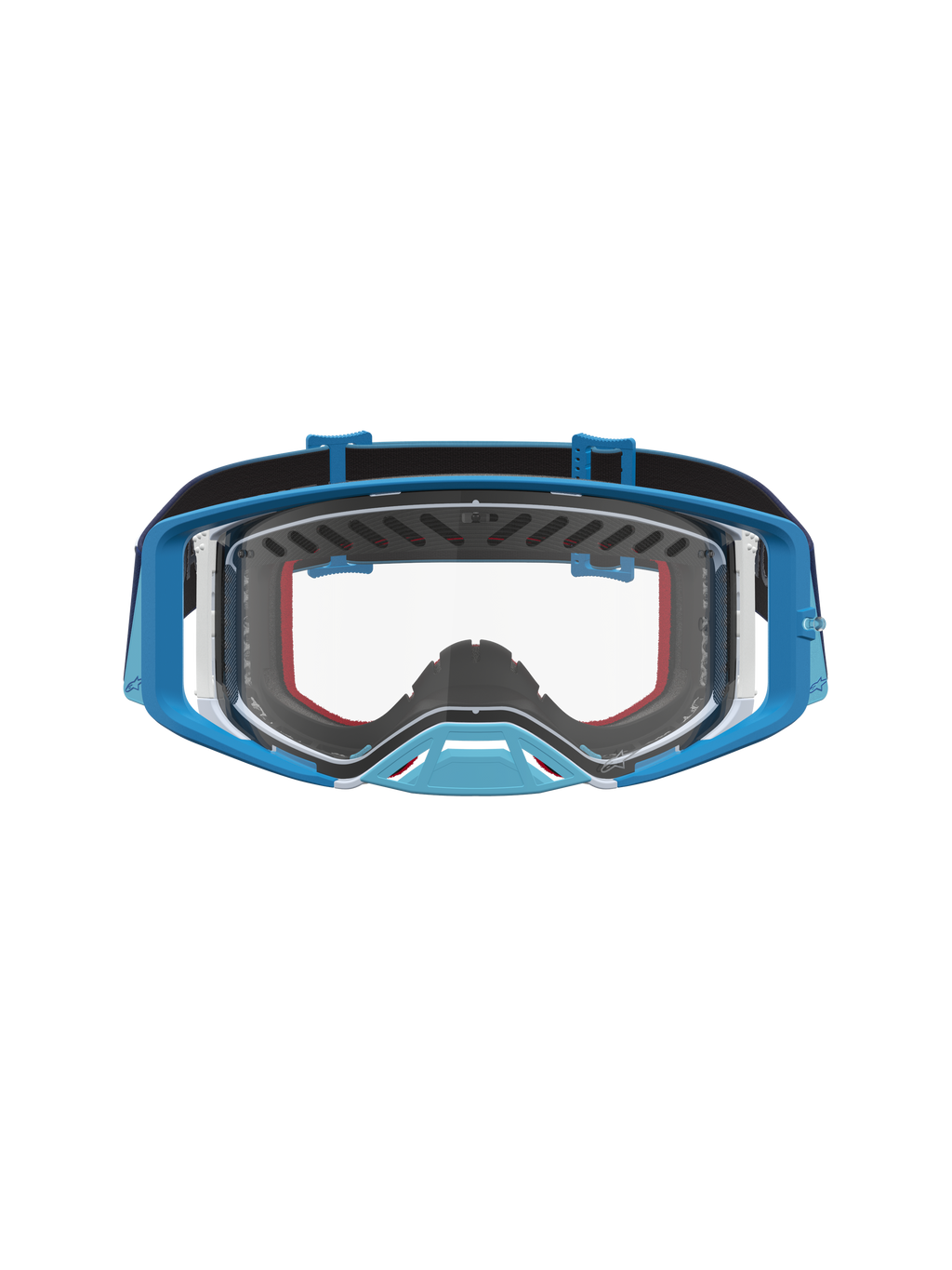 Alpinestars Supertech Dura Air Fluid, gafas de motocross en azul degradado y gris, lente transparente para competición.