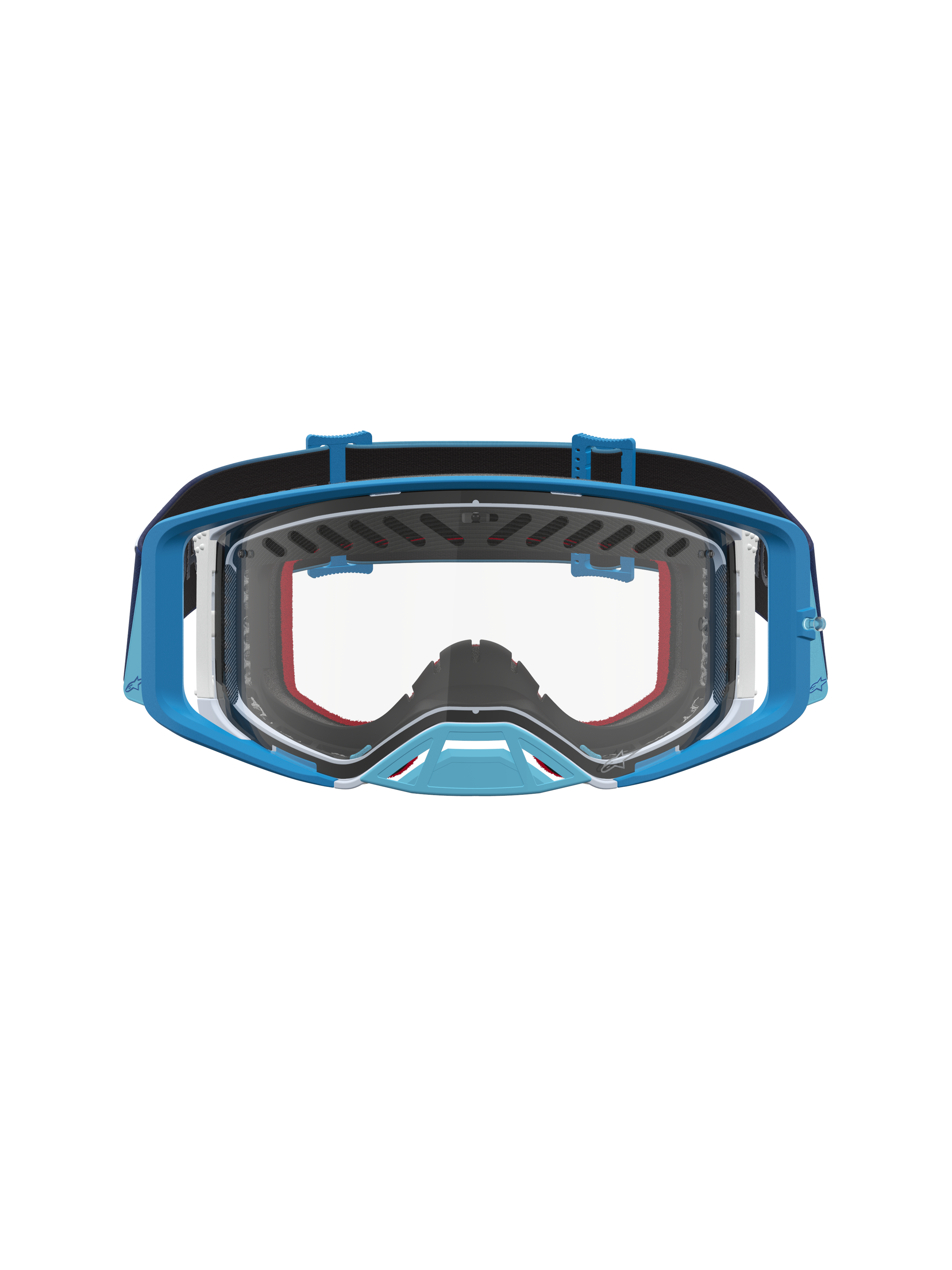 Alpinestars Supertech Dura Air Fluid, gafas de motocross en azul degradado y gris, lente transparente para competición.