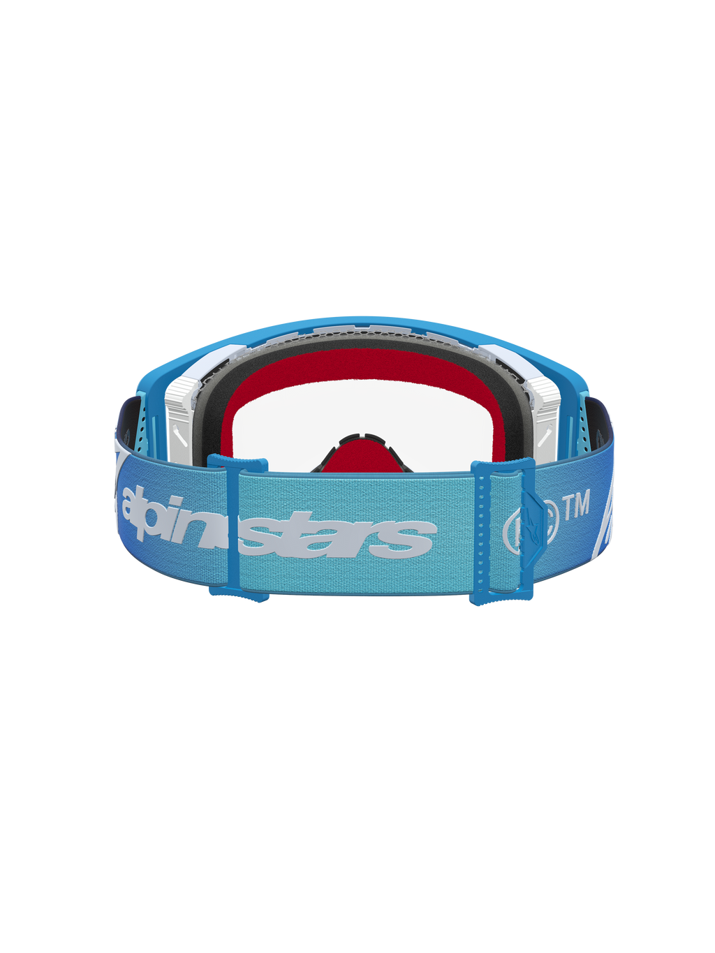 Alpinestars Supertech Dura Air Fluid, gafas de motocross en azul y plateado con lente clara y correa ajustable con logotipo.