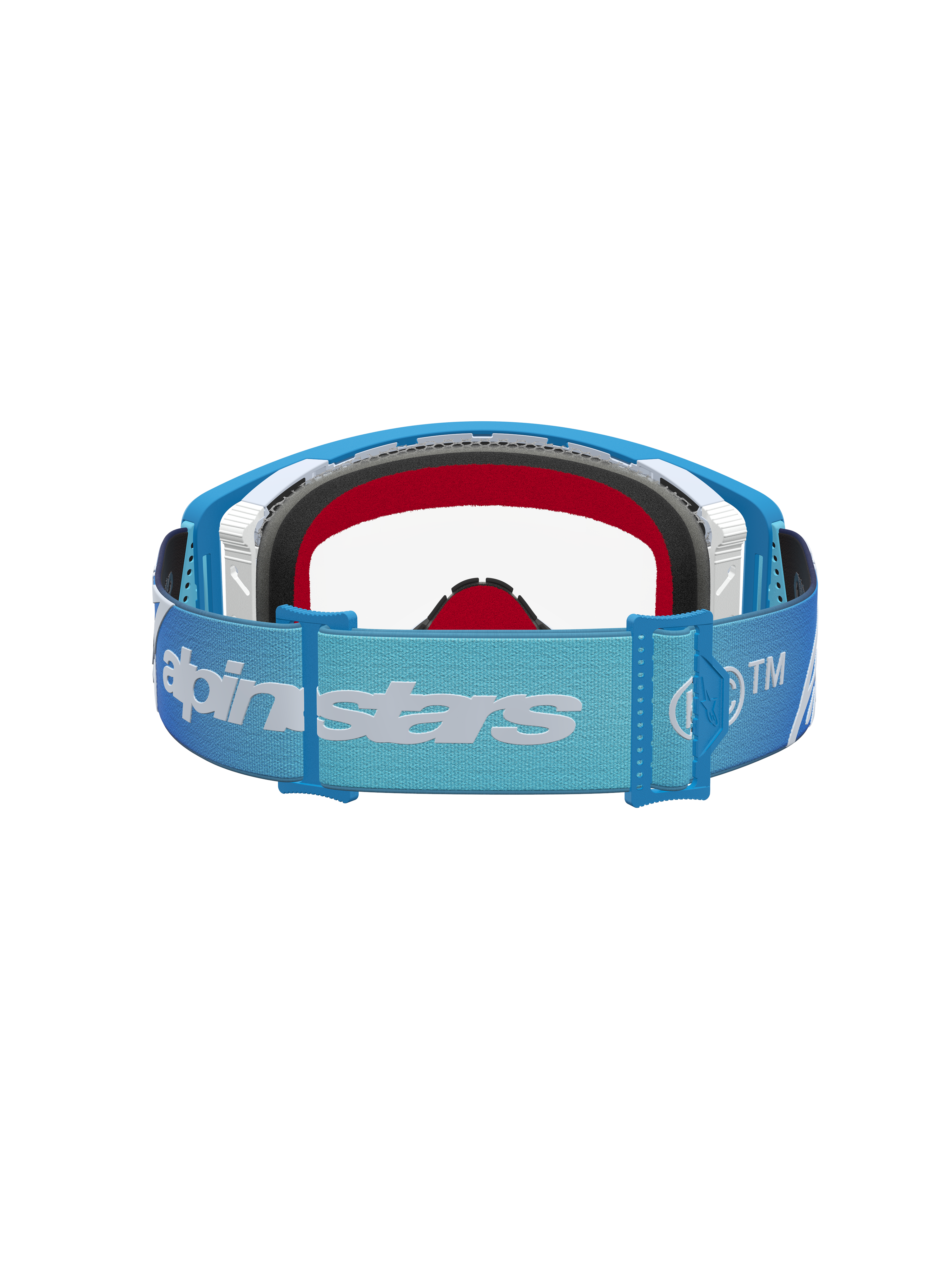 Alpinestars Supertech Dura Air Fluid, gafas de motocross en azul y plateado con lente clara y correa ajustable con logotipo.