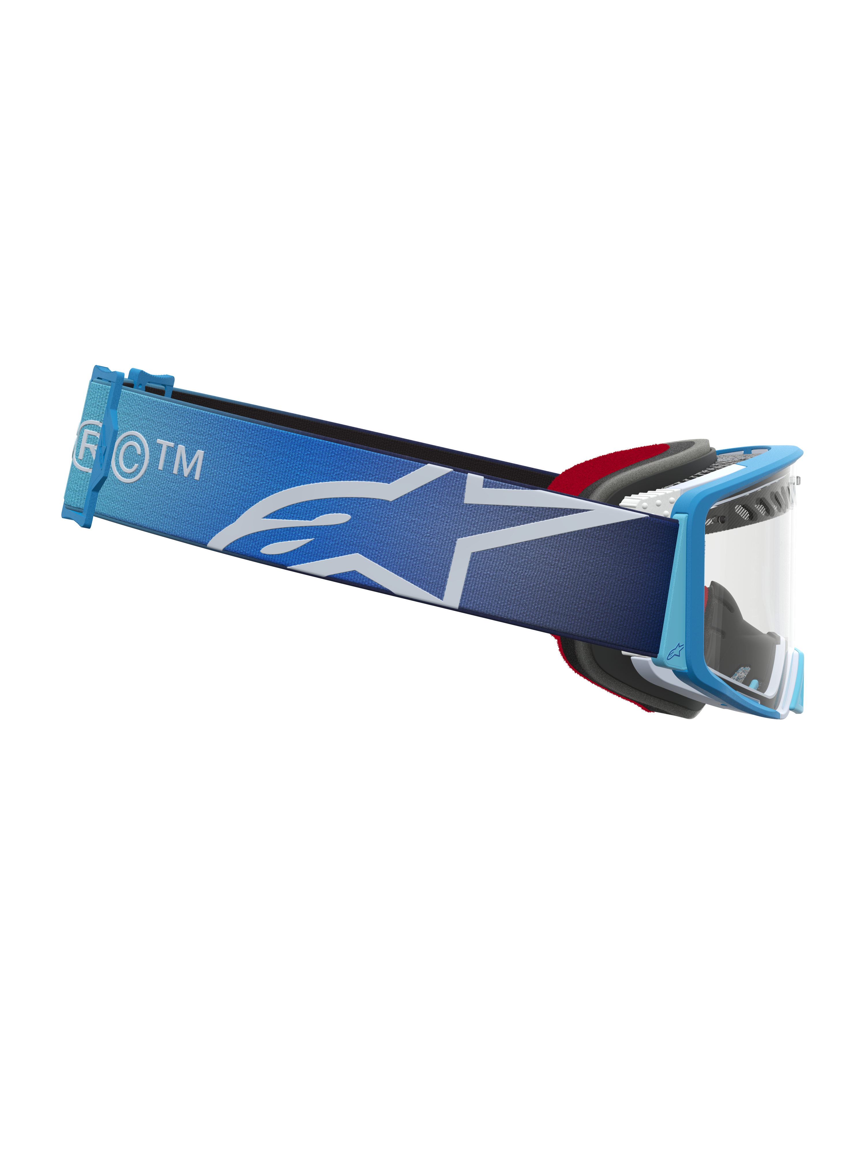 Gafas Alpinestars Supertech Dura Air Fluid, gafas de motocross, azul degradado y blanco, lente transparente, correa ancha con logotipo de estrella Astars