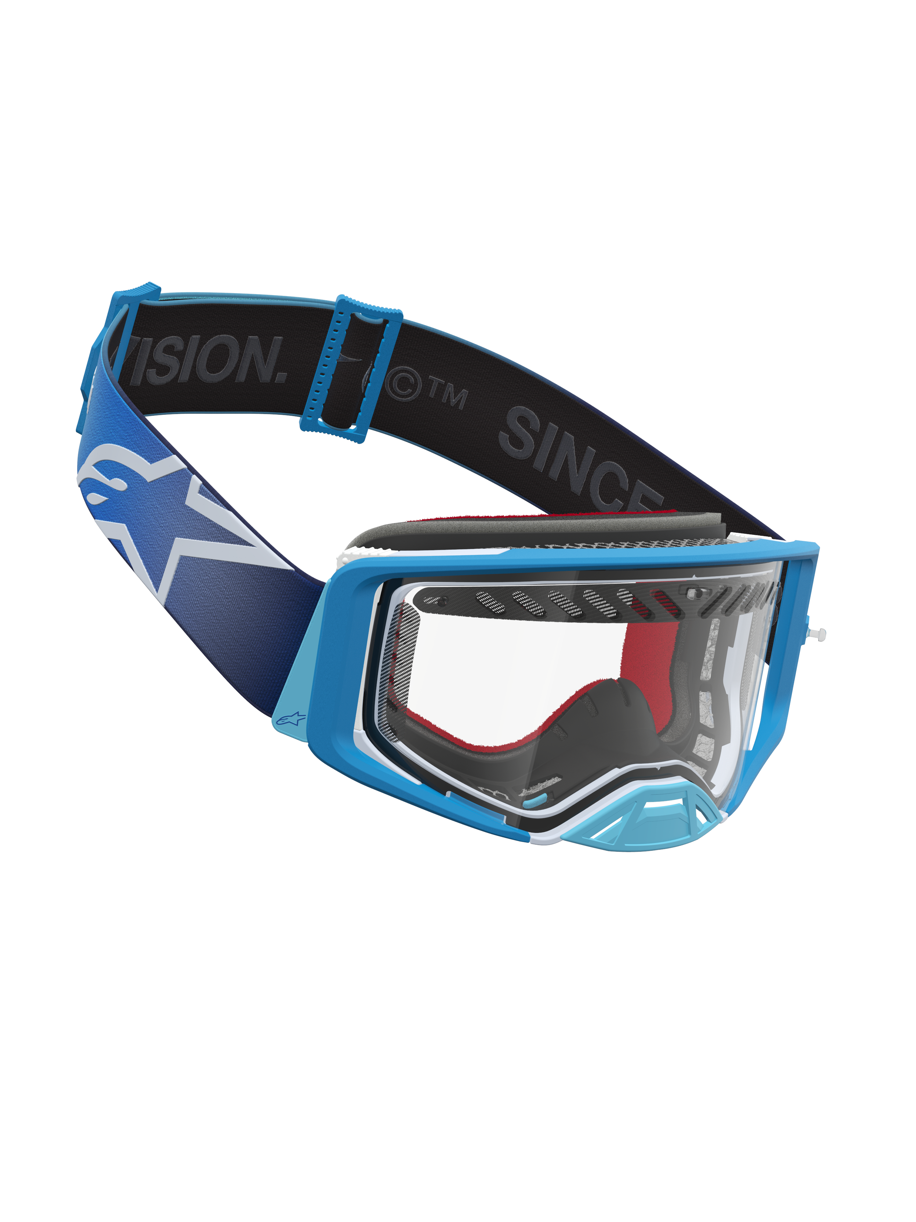Alpinestars Supertech Dura Air Fluid, gafas de motocross, azules y blancas, con lente transparente y correa ancha.