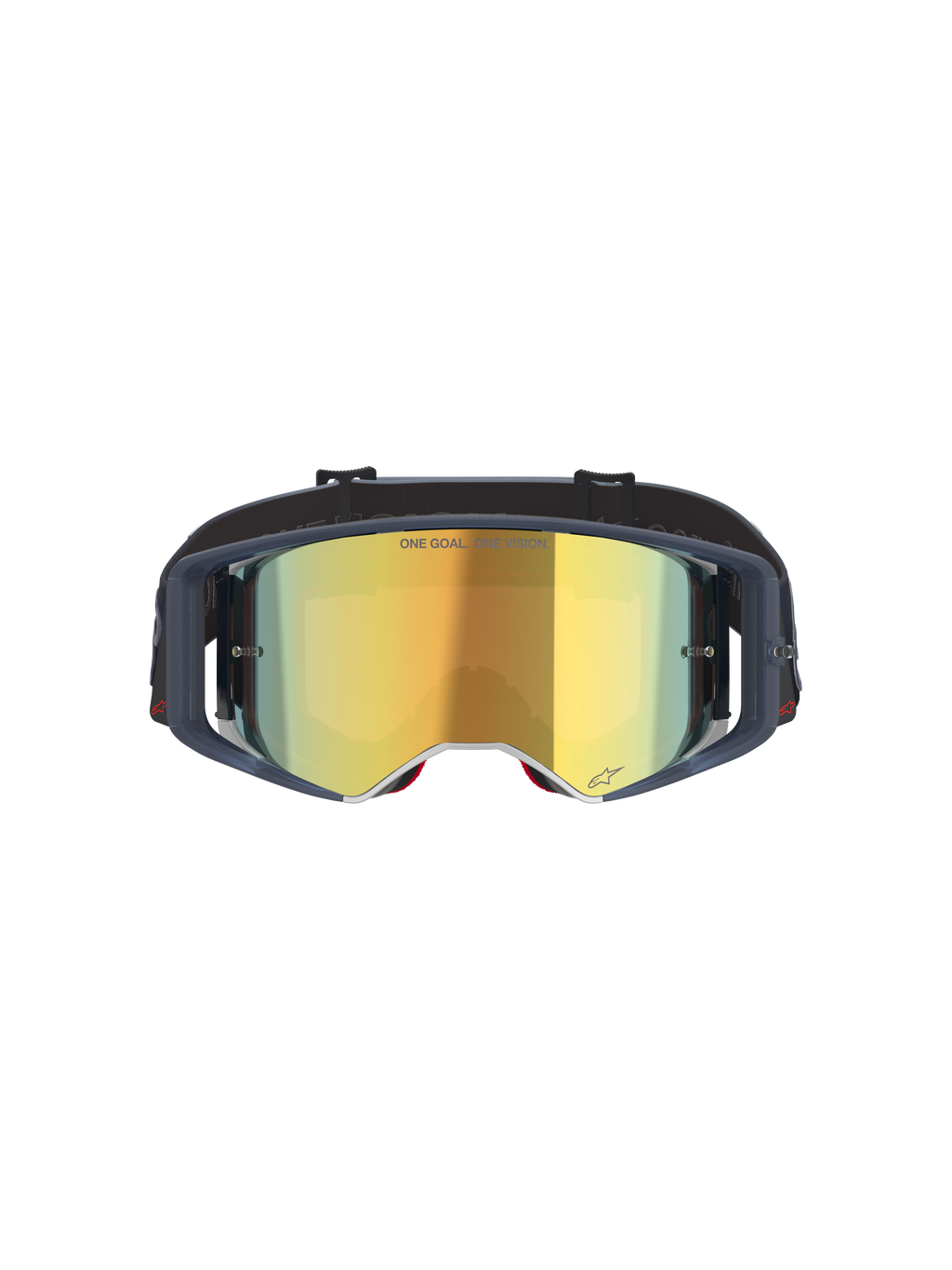 Gafas Alpinestars Supertech Vision Vista, gafas de motocross, Black Mirror Gold, vista frontal con lente de espejo dorada y montura oscura, gafas de competición profesional para off-road con el texto 'ONE GOAL. ONE VISION.' y detalles del logotipo.